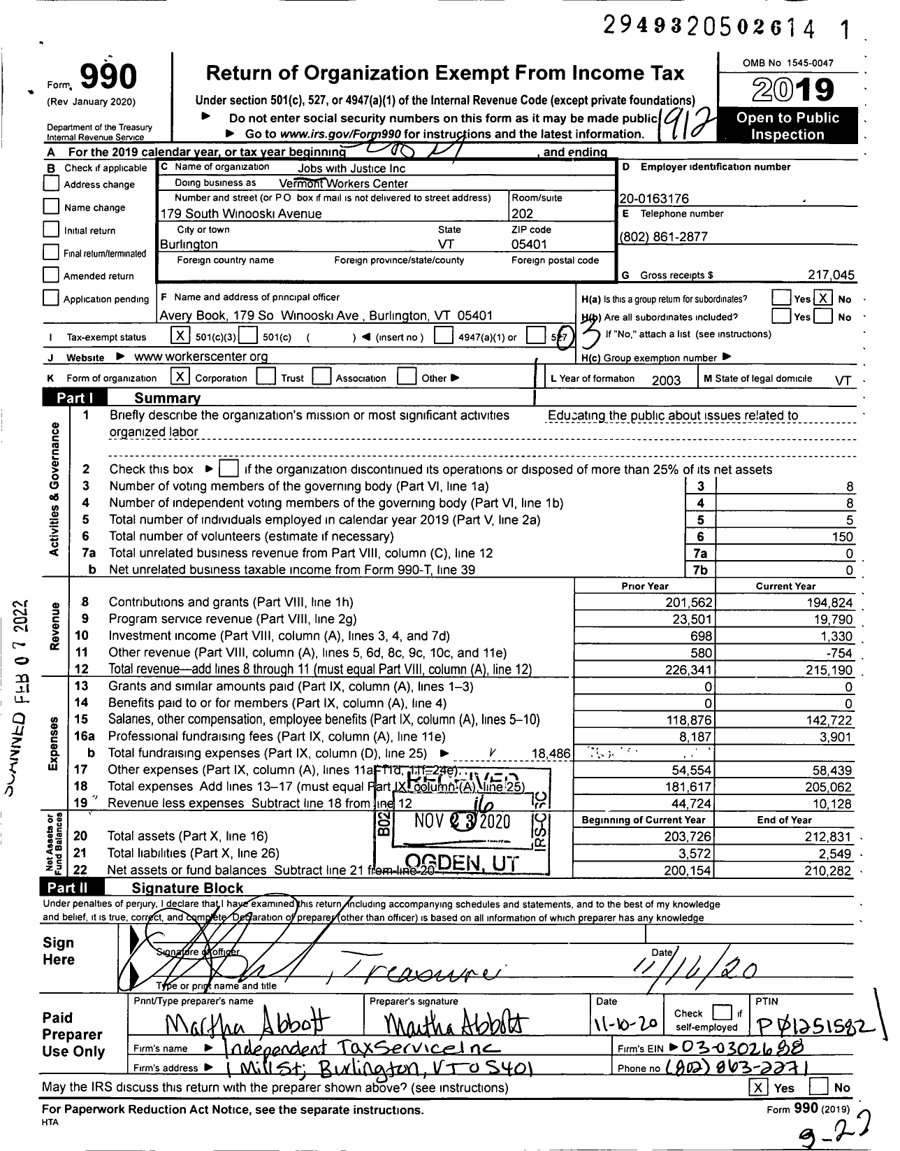 Image of first page of 2019 Form 990 for Vermont Workers Center