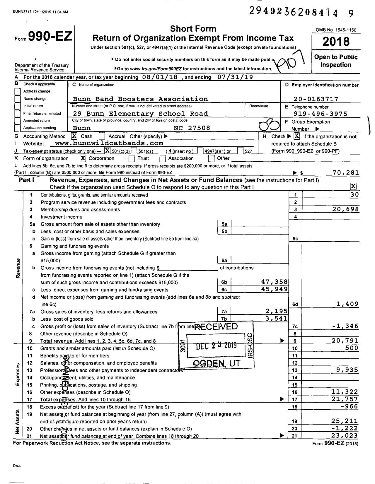 Image of first page of 2018 Form 990EZ for Bunn Band Boosters Association