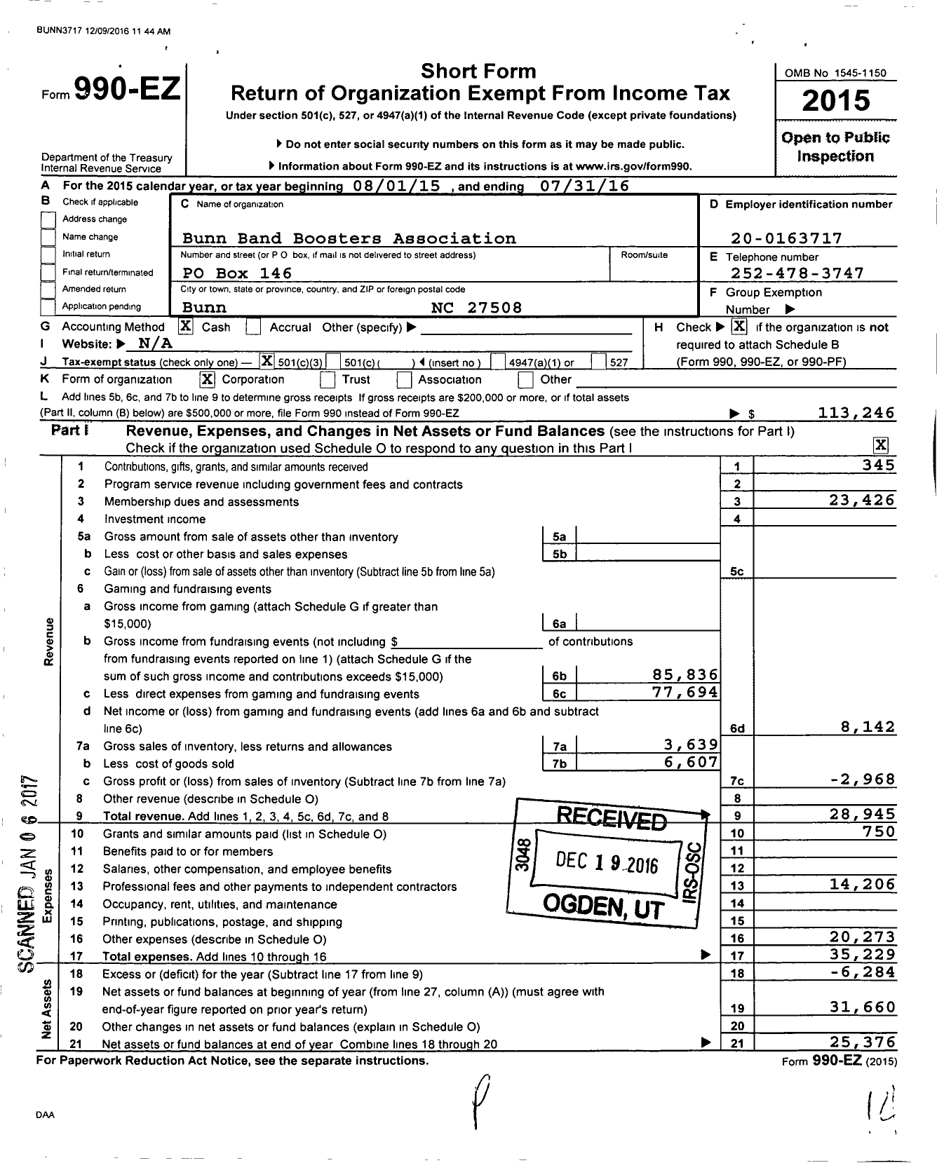 Image of first page of 2015 Form 990EZ for Bunn Band Boosters Association