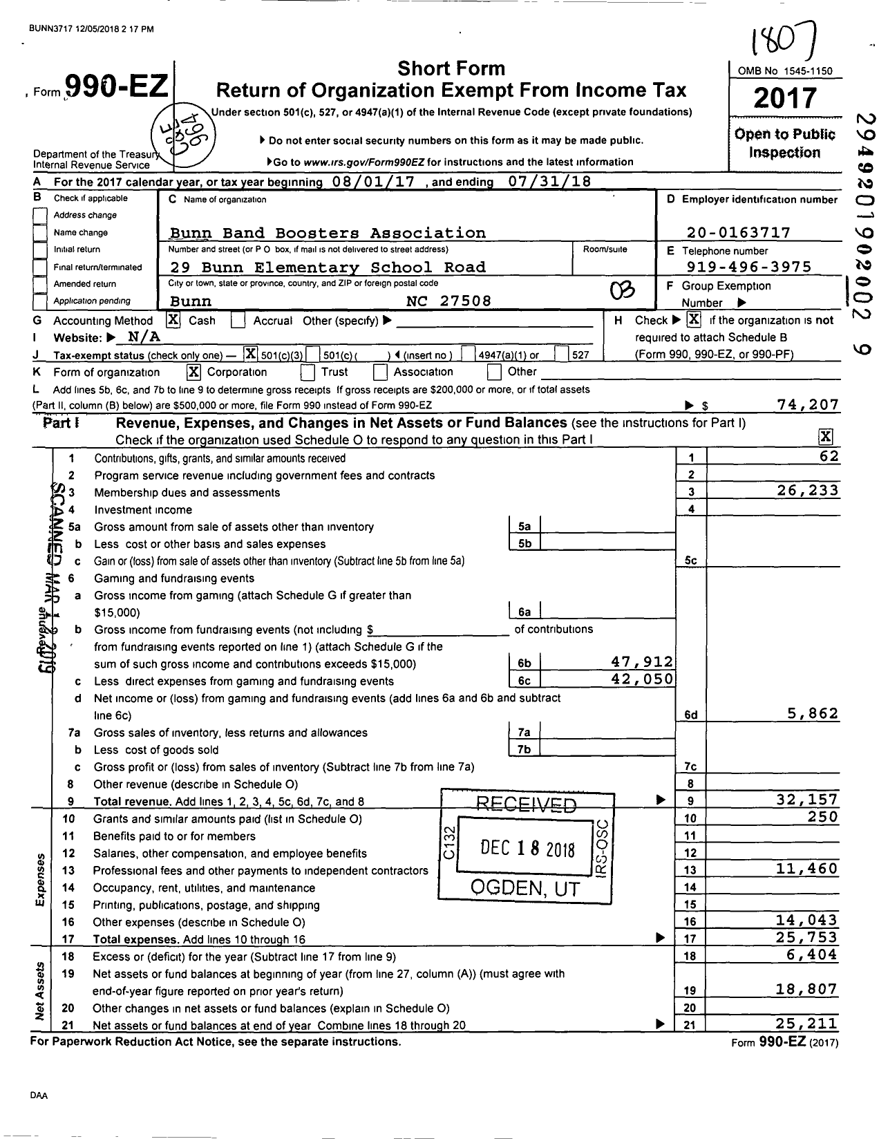 Image of first page of 2017 Form 990EZ for Bunn Band Boosters Association