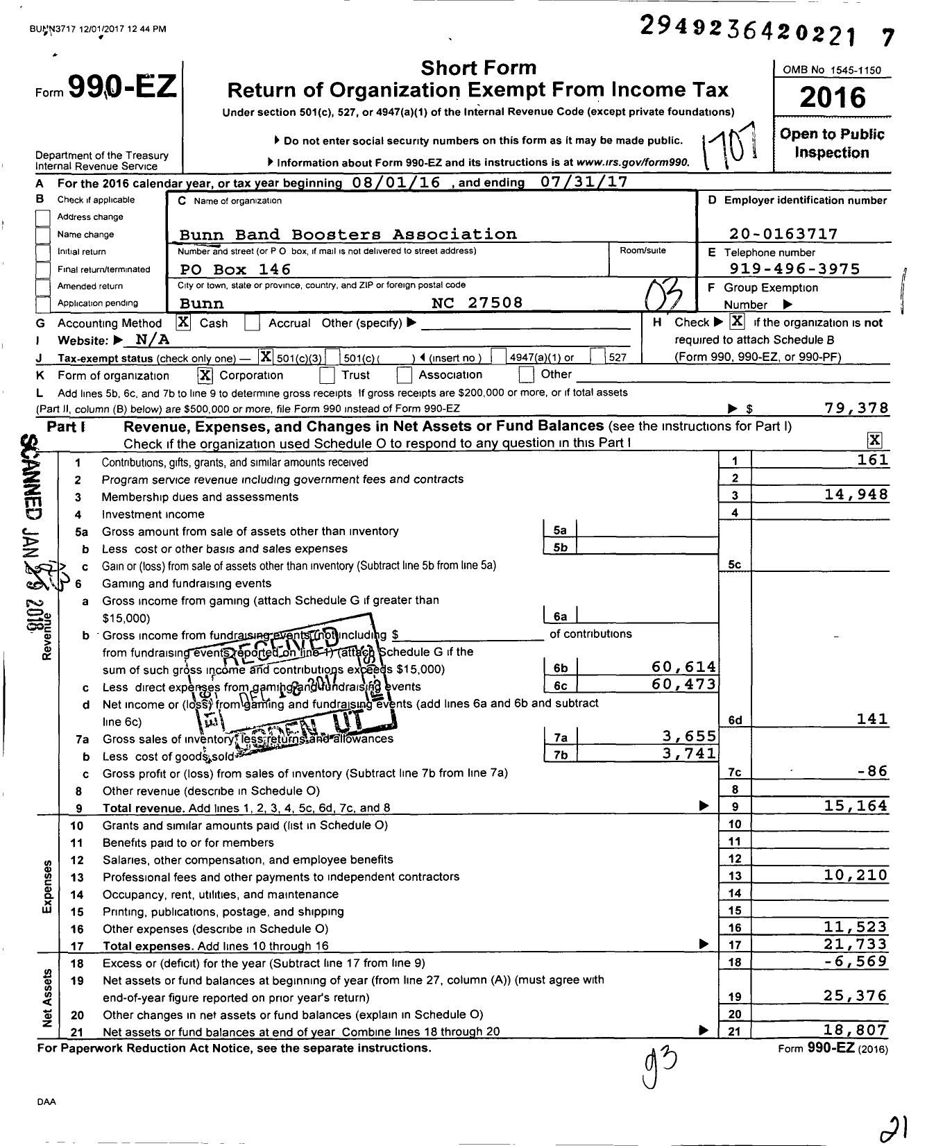 Image of first page of 2016 Form 990EZ for Bunn Band Boosters Association