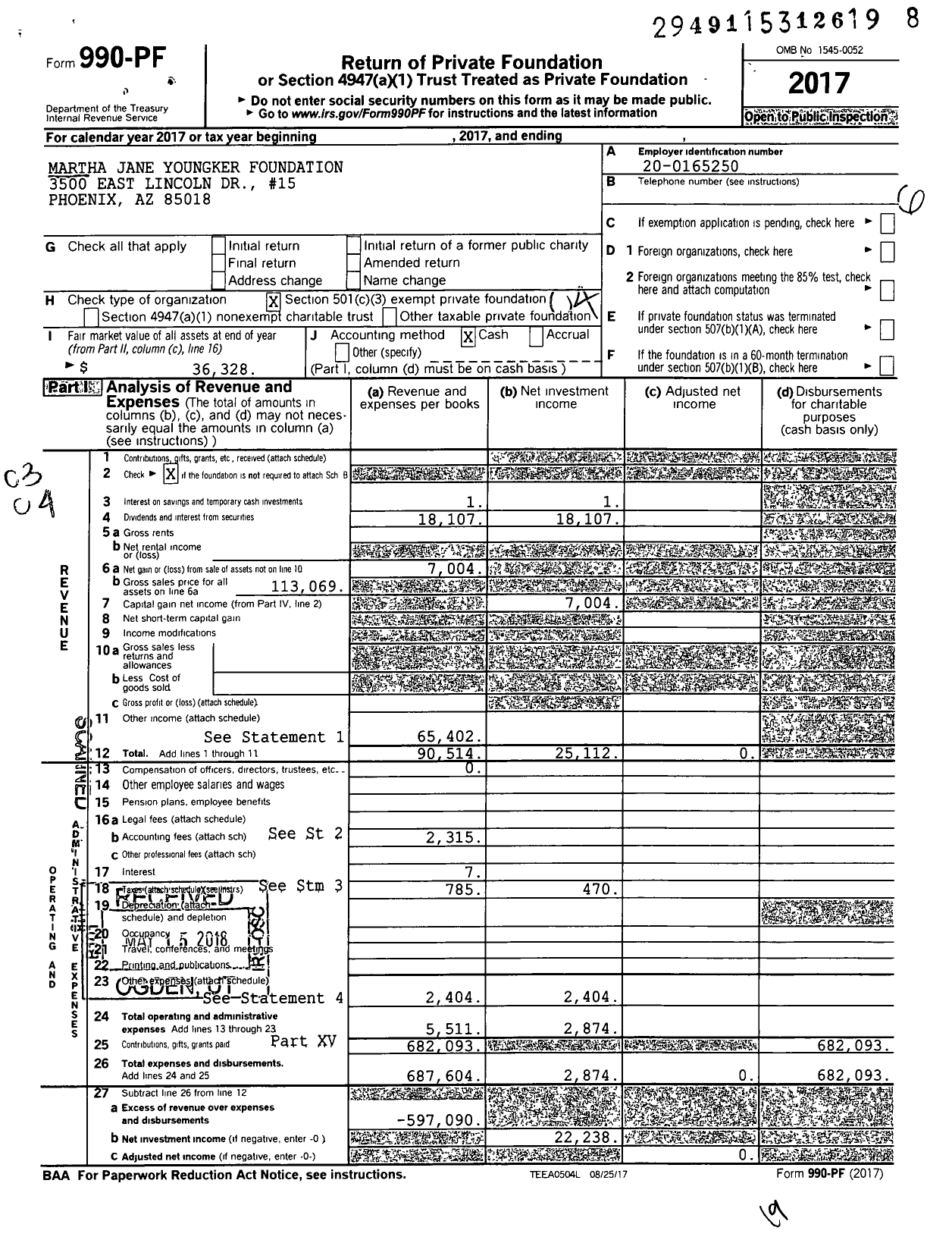 Image of first page of 2017 Form 990PF for Martha Jane Youngker Foundation