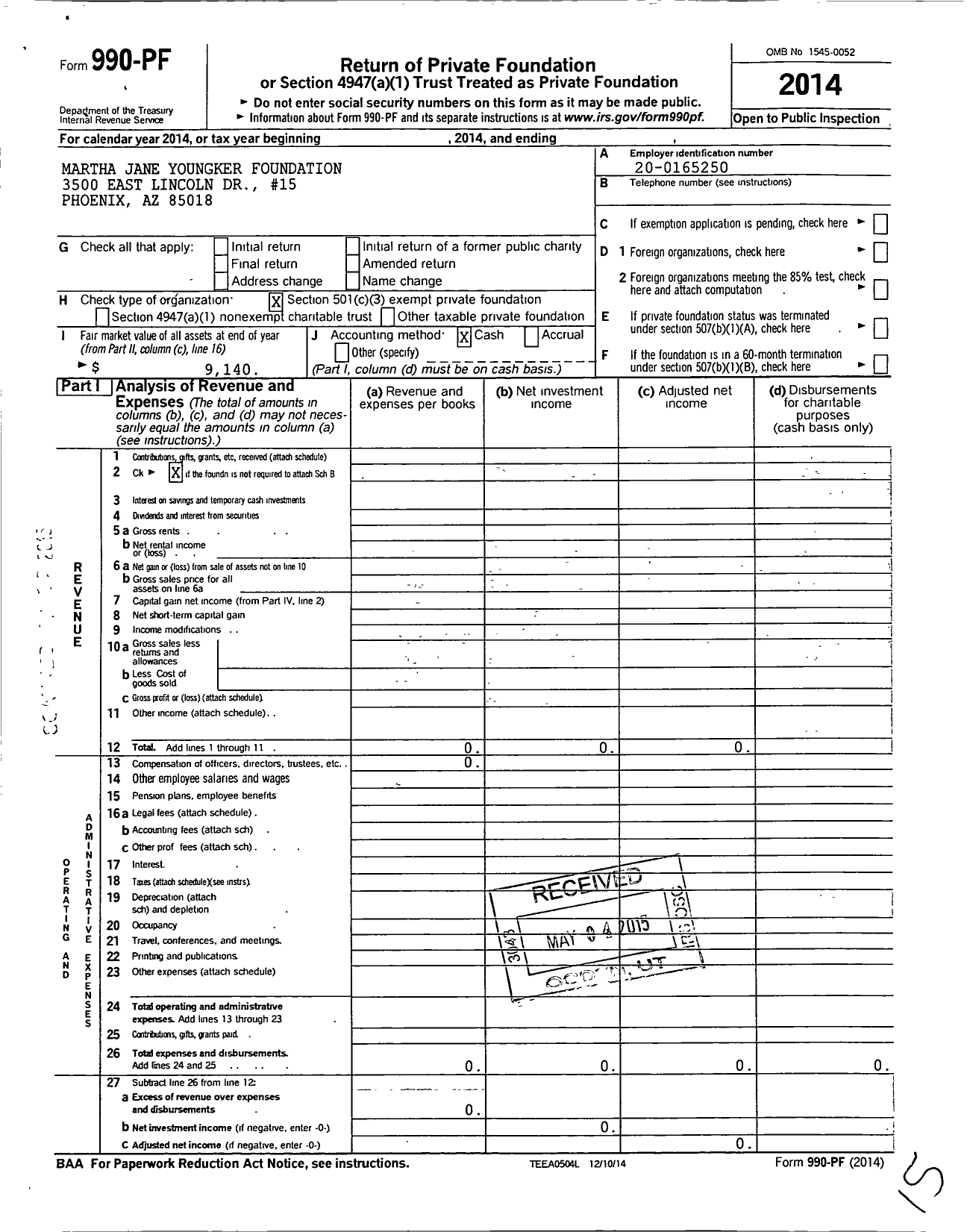 Image of first page of 2014 Form 990PF for Martha Jane Youngker Foundation