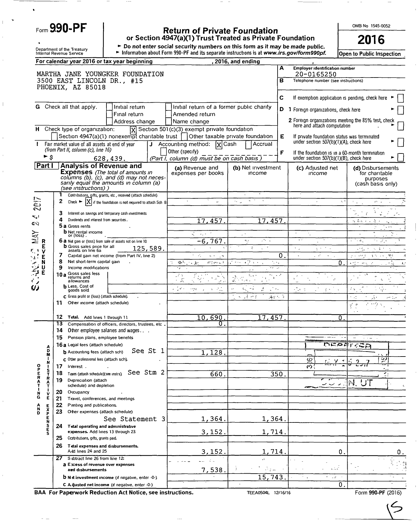 Image of first page of 2016 Form 990PF for Martha Jane Youngker Foundation