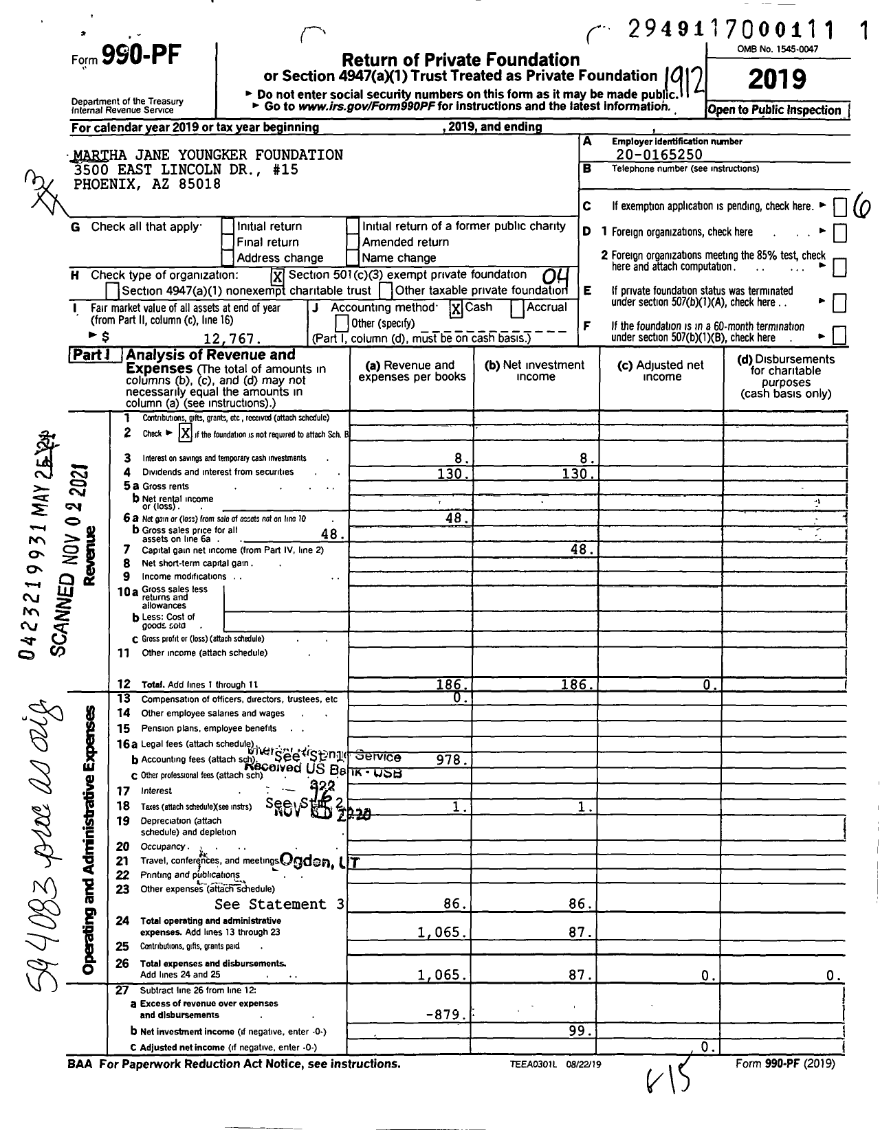 Image of first page of 2019 Form 990PF for Martha Jane Youngker Foundation