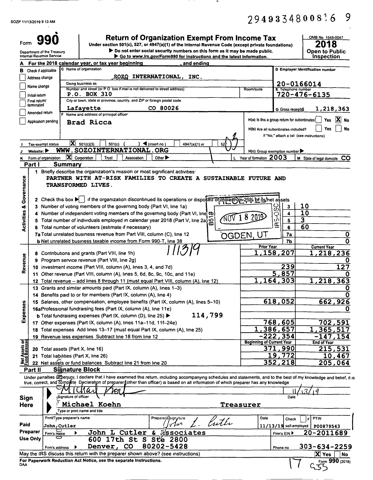 Image of first page of 2018 Form 990 for Sozo International