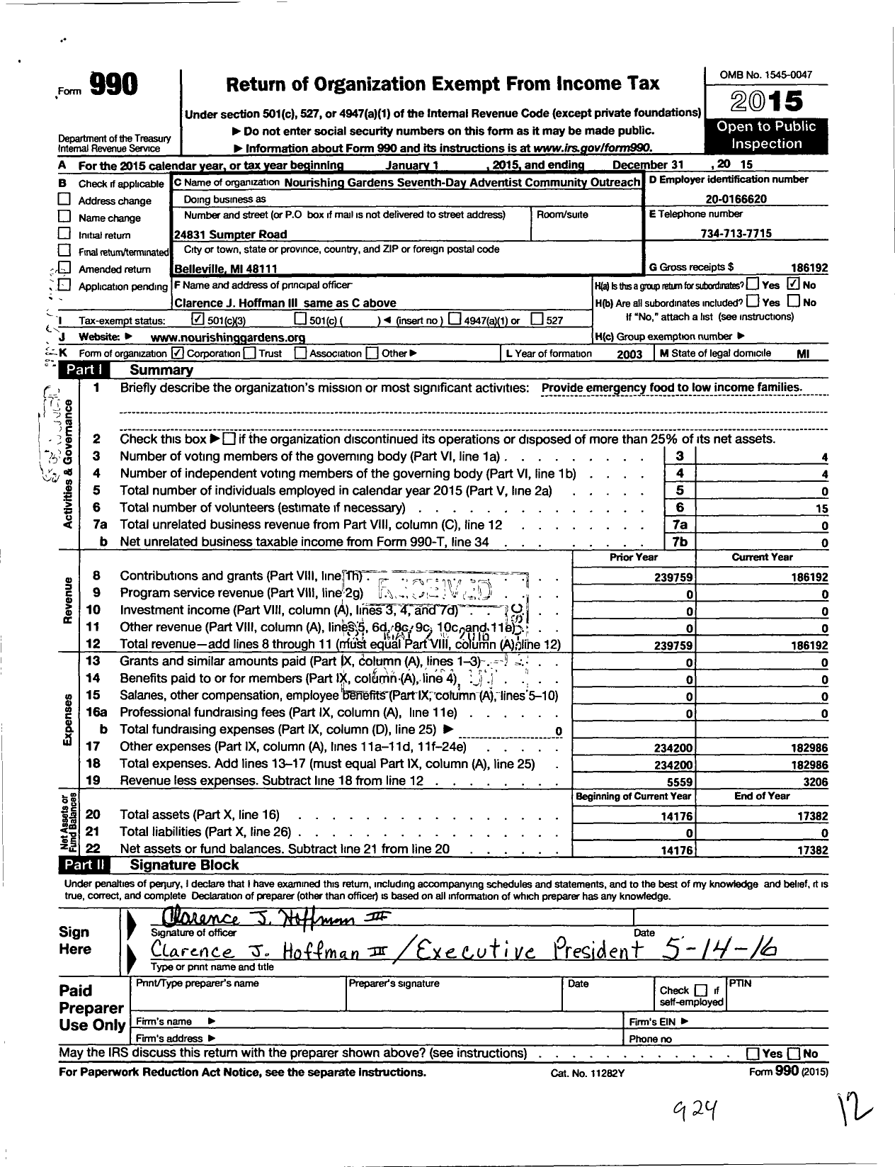 Image of first page of 2015 Form 990 for Nourishing Gardens Seventh-Day Adventist Community Outreach Minis