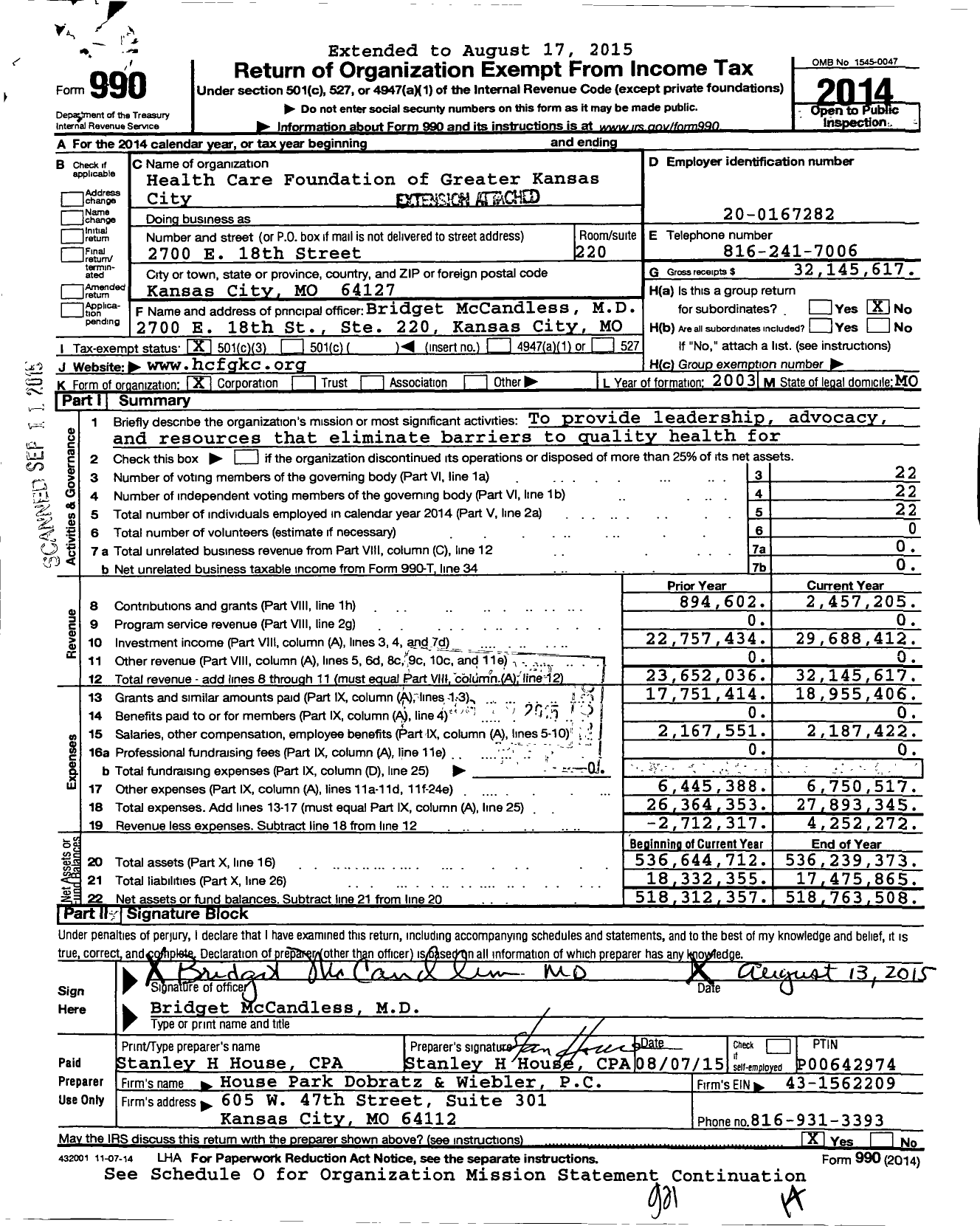 Image of first page of 2014 Form 990 for Health Forward Foundation