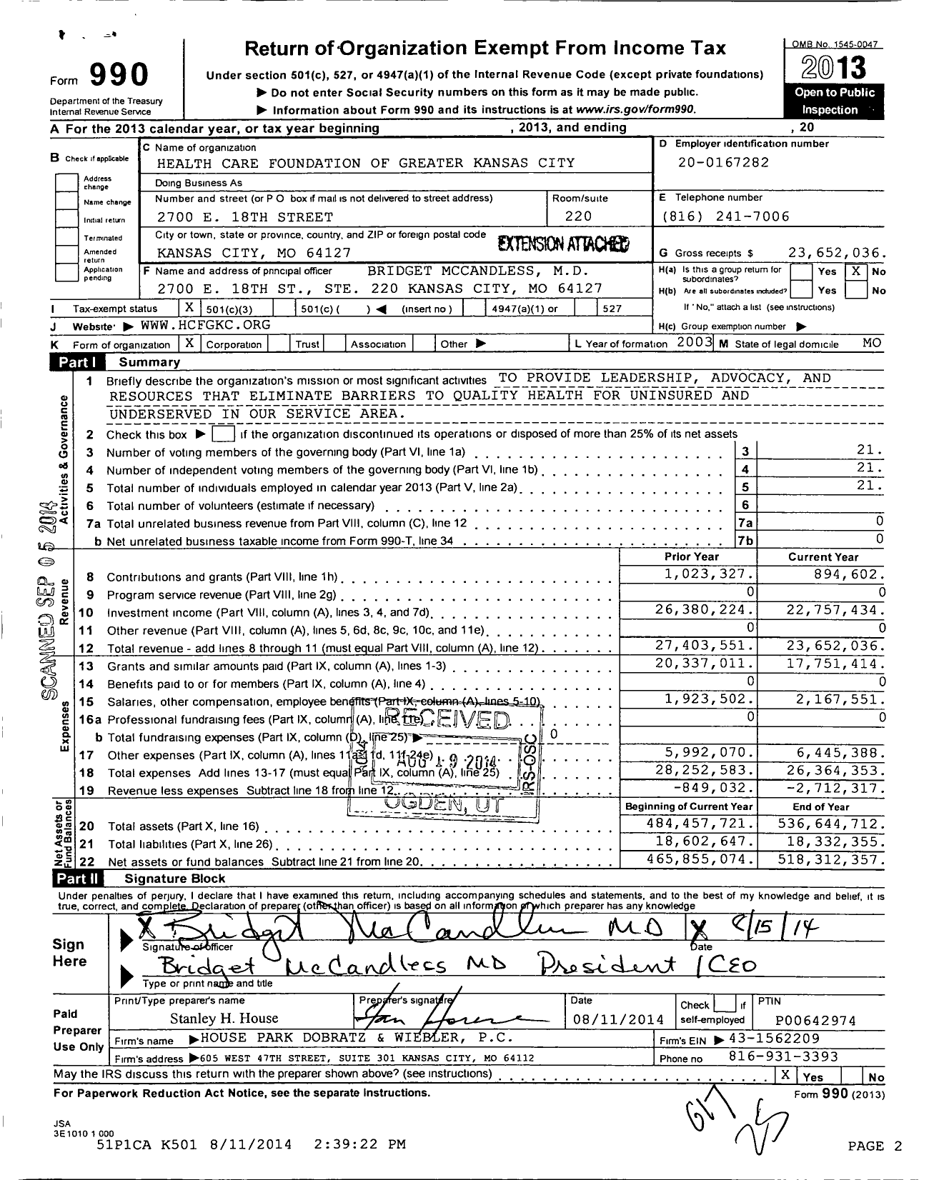 Image of first page of 2013 Form 990 for Health Forward Foundation