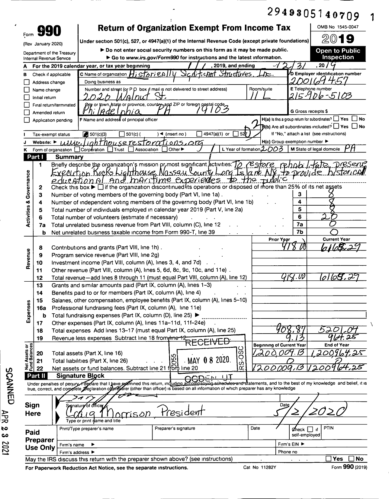 Image of first page of 2019 Form 990 for Historically Significant Structures Incorporated