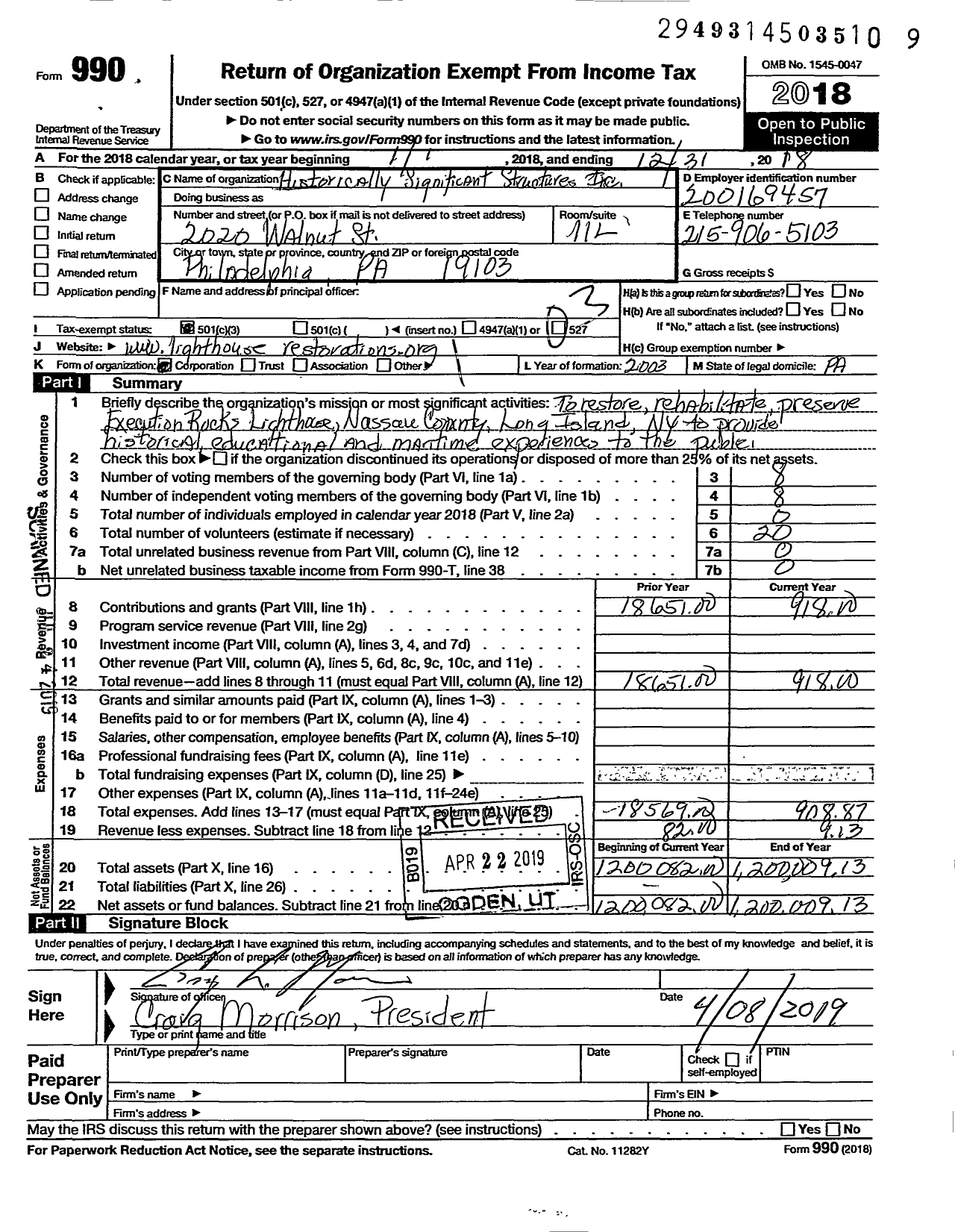 Image of first page of 2018 Form 990 for Historically Significant Structures Incorporated