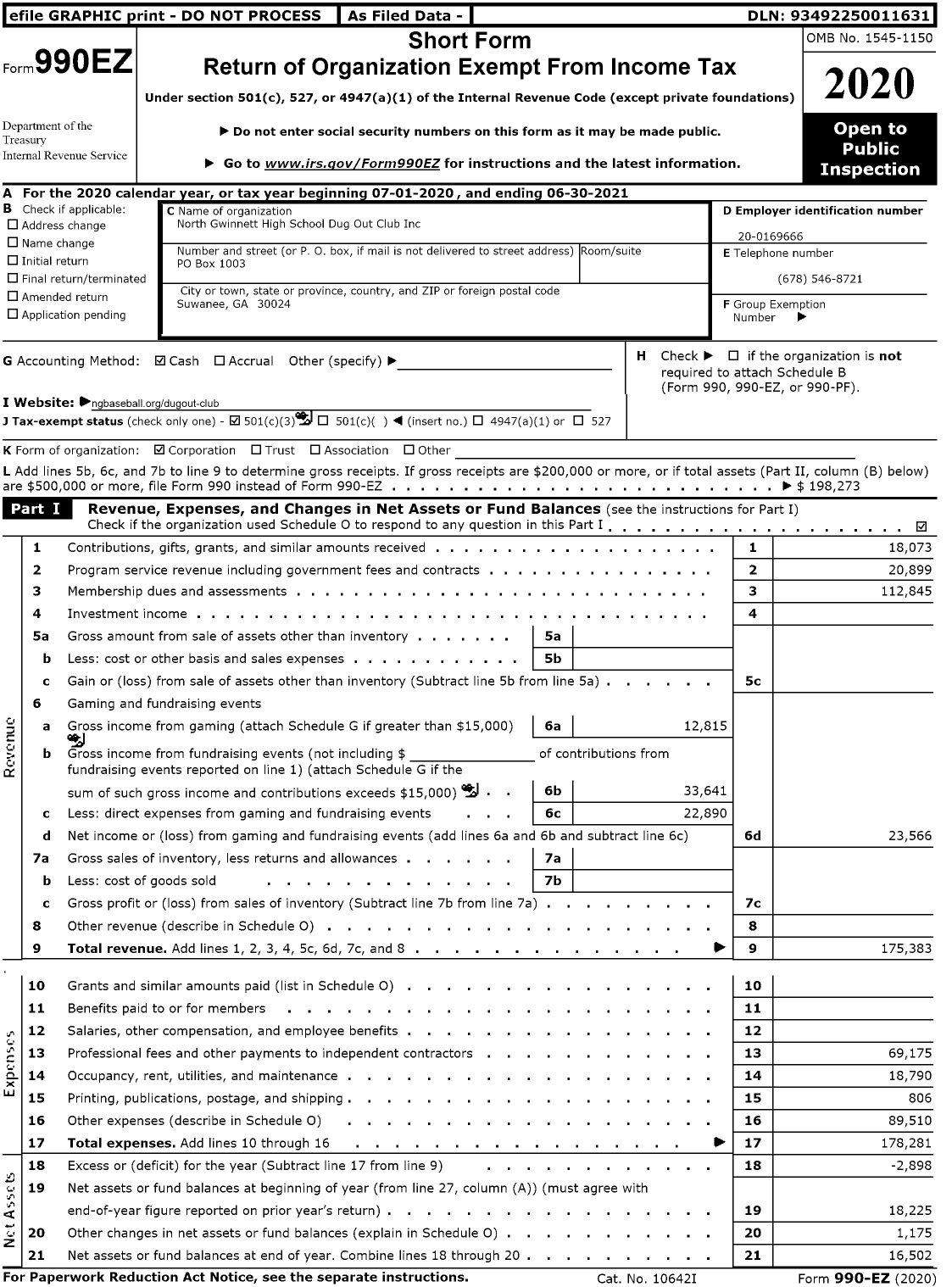 Image of first page of 2020 Form 990EZ for North Gwinnett HIgh School Dugout Out Club