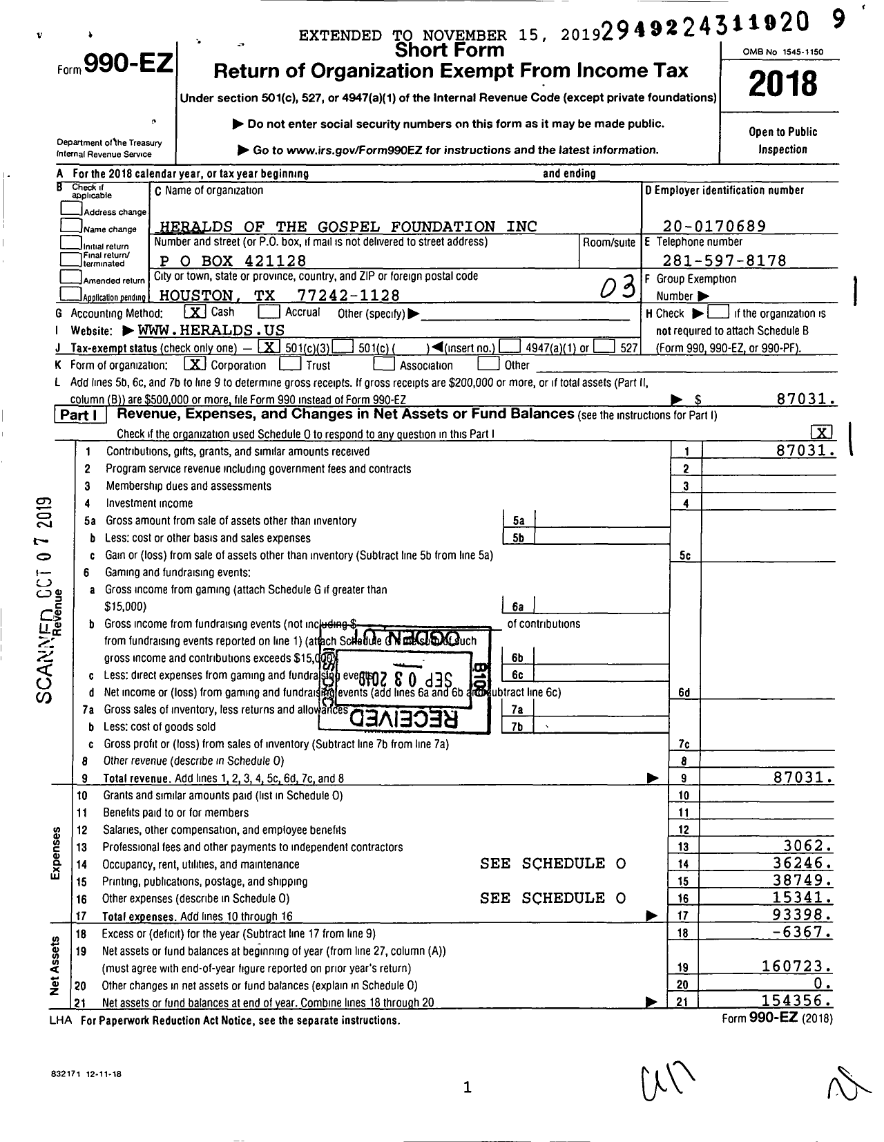 Image of first page of 2018 Form 990EZ for Heralds of the Gospel Foundation