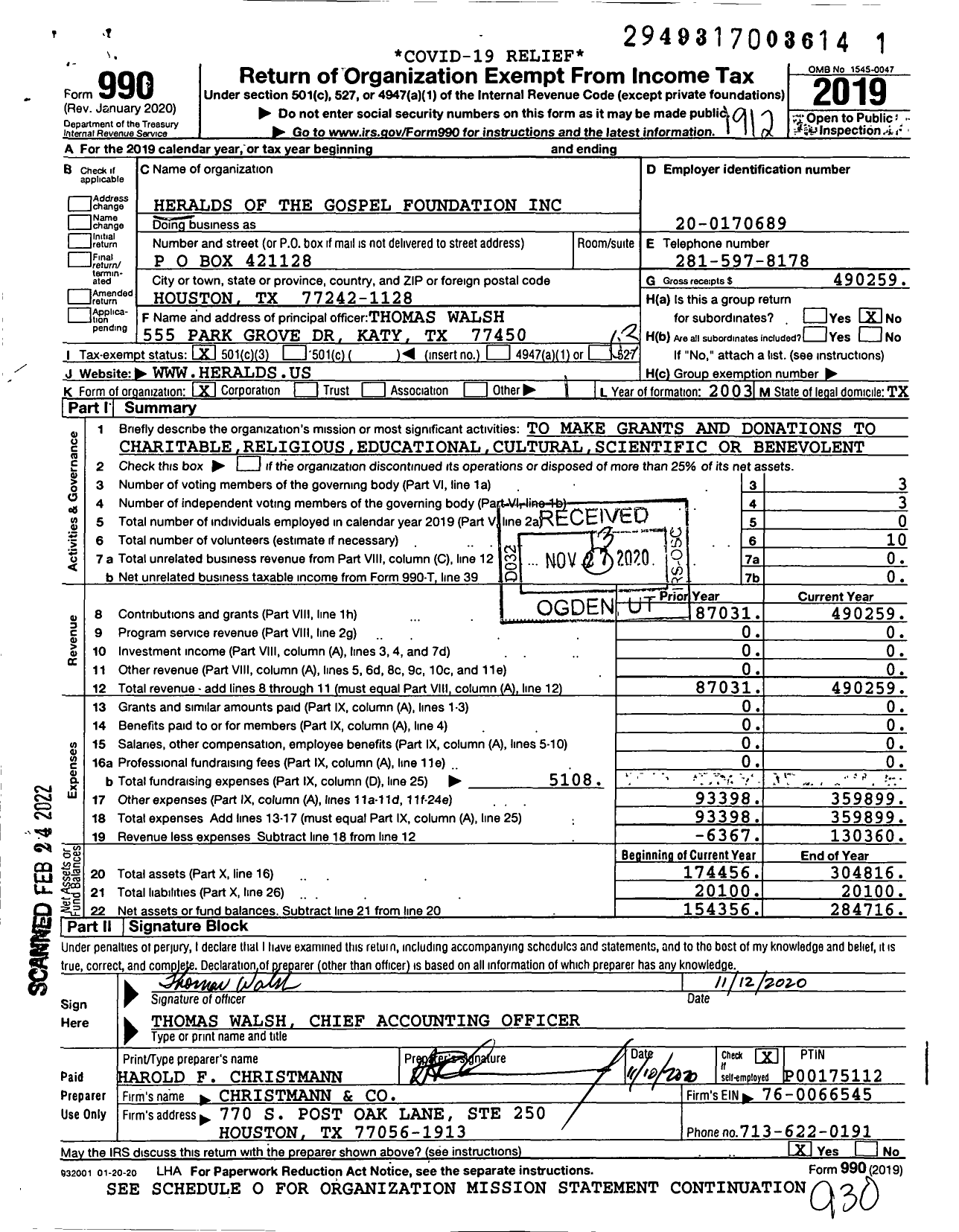 Image of first page of 2019 Form 990 for Heralds of the Gospel Foundation