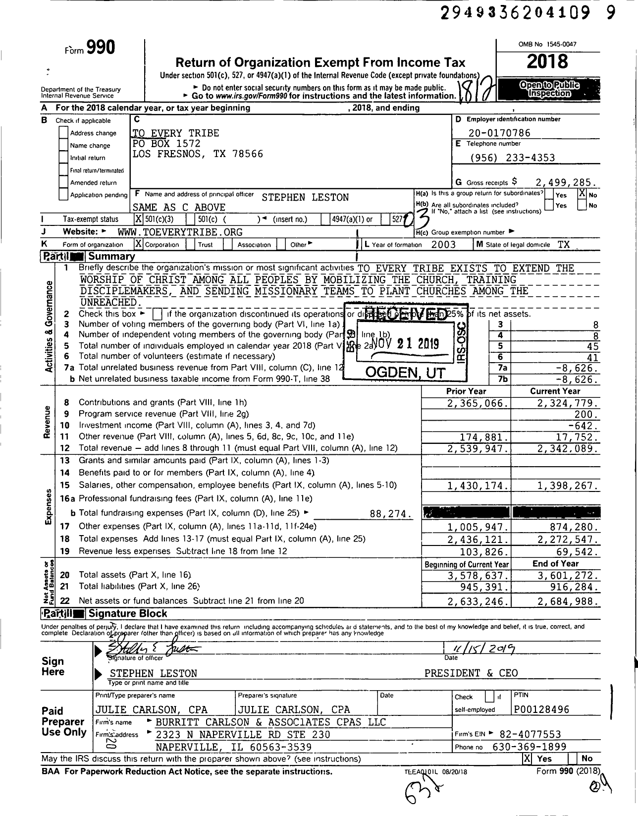 Image of first page of 2018 Form 990 for To Every Tribe