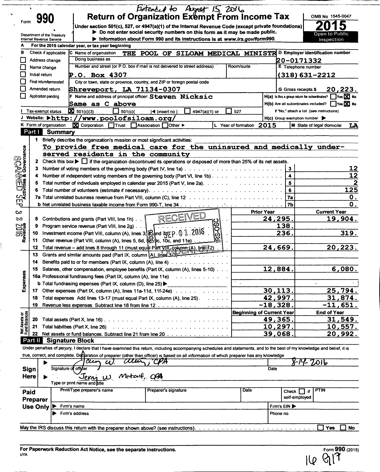 Image of first page of 2015 Form 990 for Pool of Siloam Medical Ministry