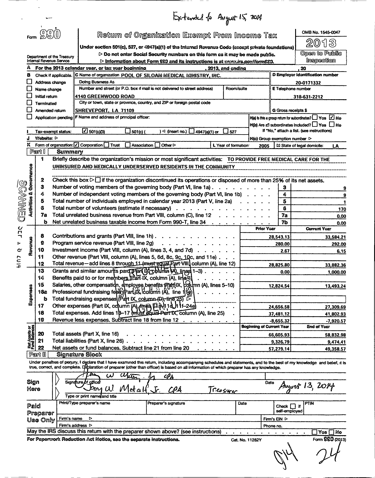 Image of first page of 2013 Form 990 for Pool of Siloam Medical Ministry