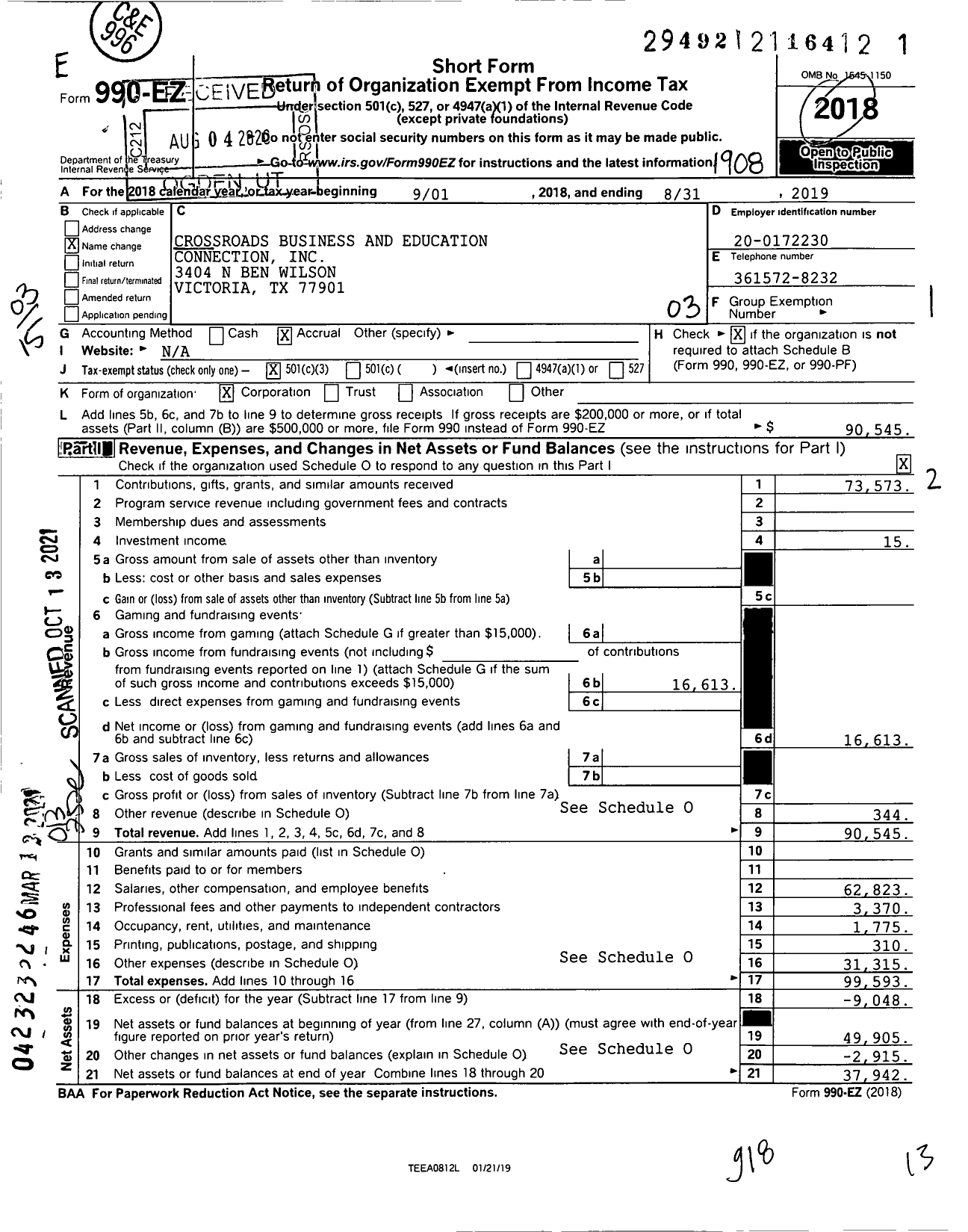 Image of first page of 2018 Form 990EZ for Crossroads Business and Education Connection