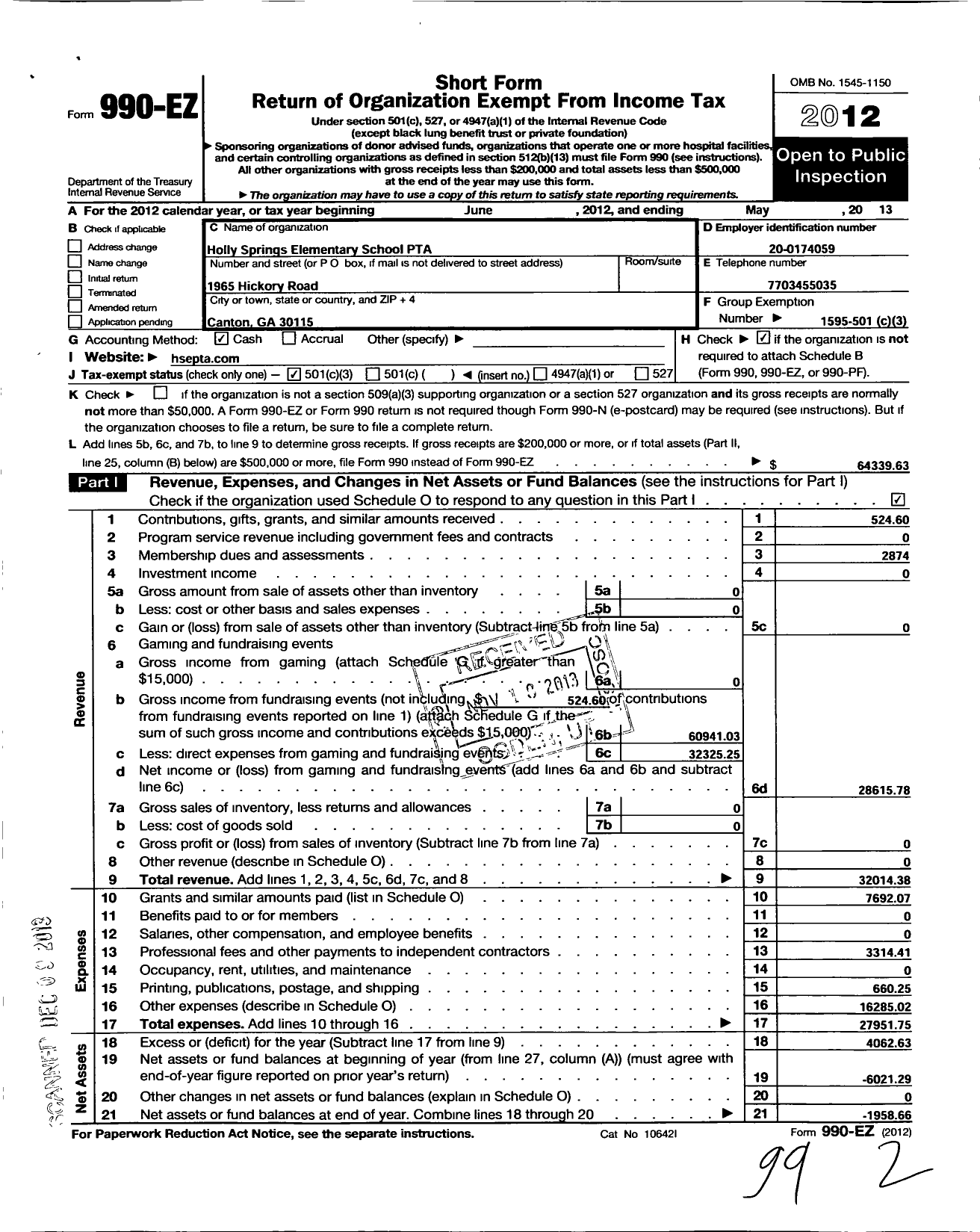 Image of first page of 2012 Form 990EZ for Georgia PTA - Holly Springs Elementary