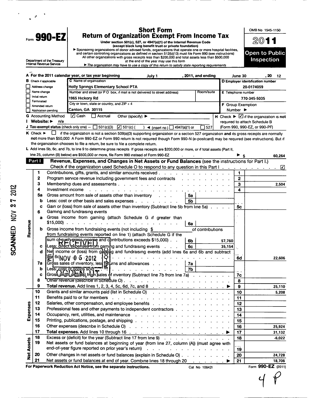 Image of first page of 2011 Form 990EO for Georgia PTA - Holly Springs Elementary