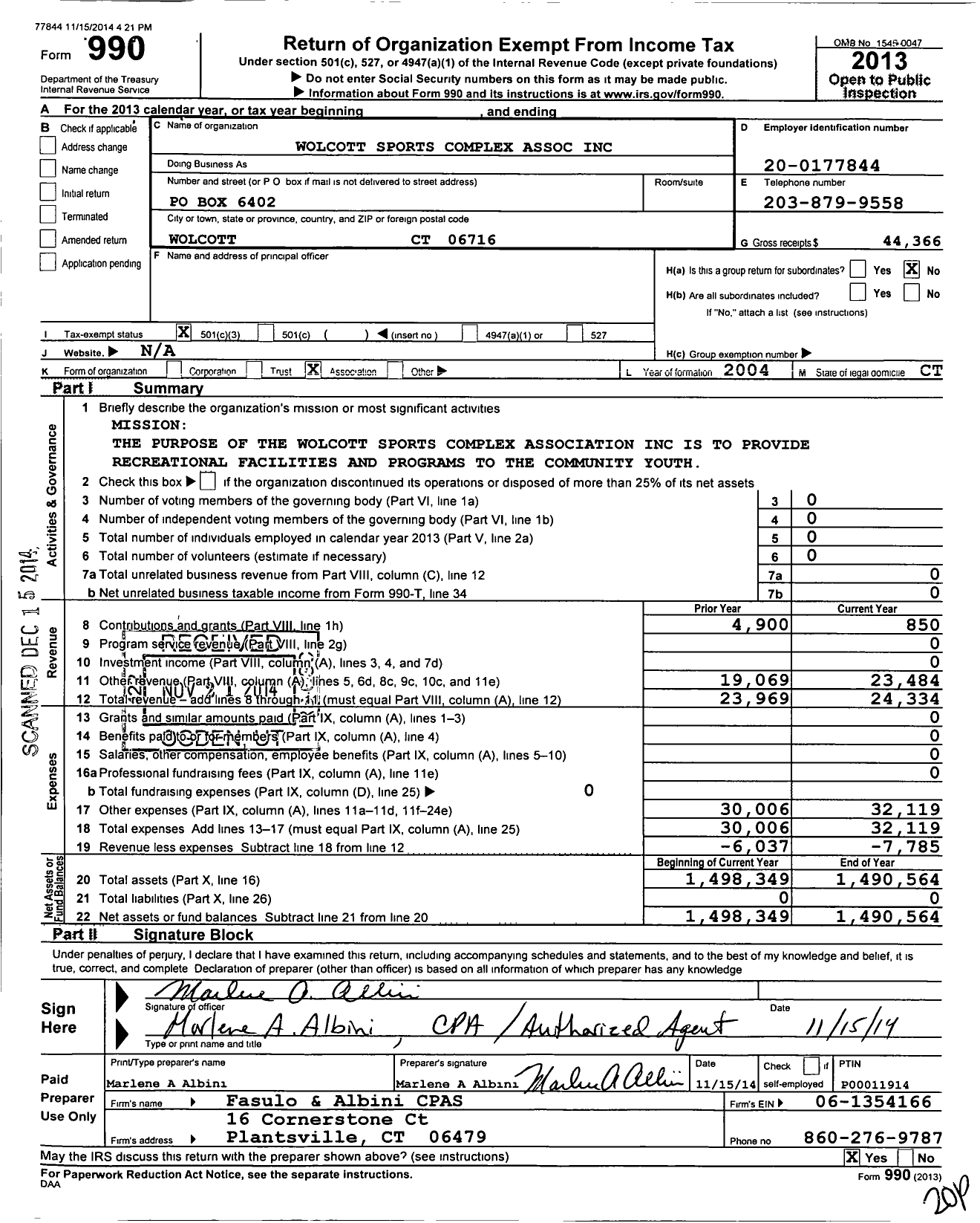 Image of first page of 2013 Form 990 for Wolcott Sports Complex Association C / 0 Carmen Romeo