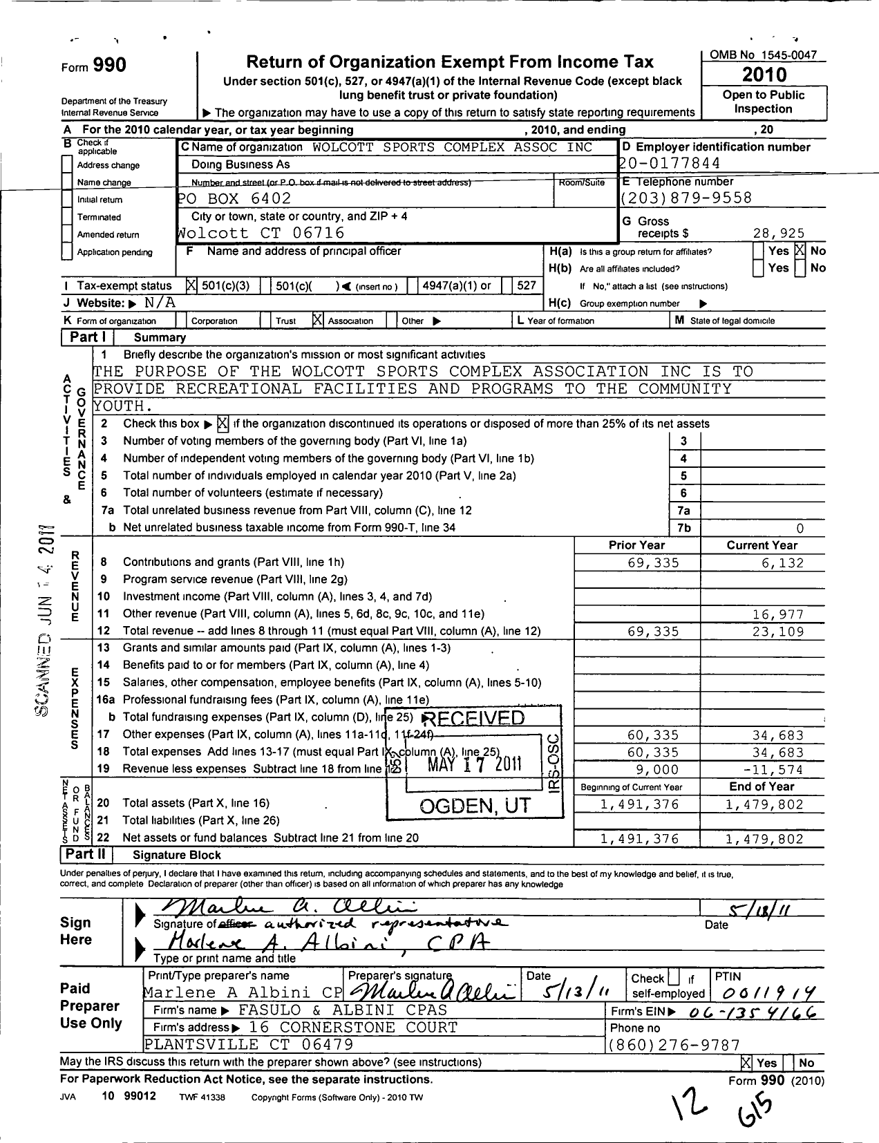 Image of first page of 2010 Form 990 for Wolcott Sports Complex Association C / 0 Carmen Romeo