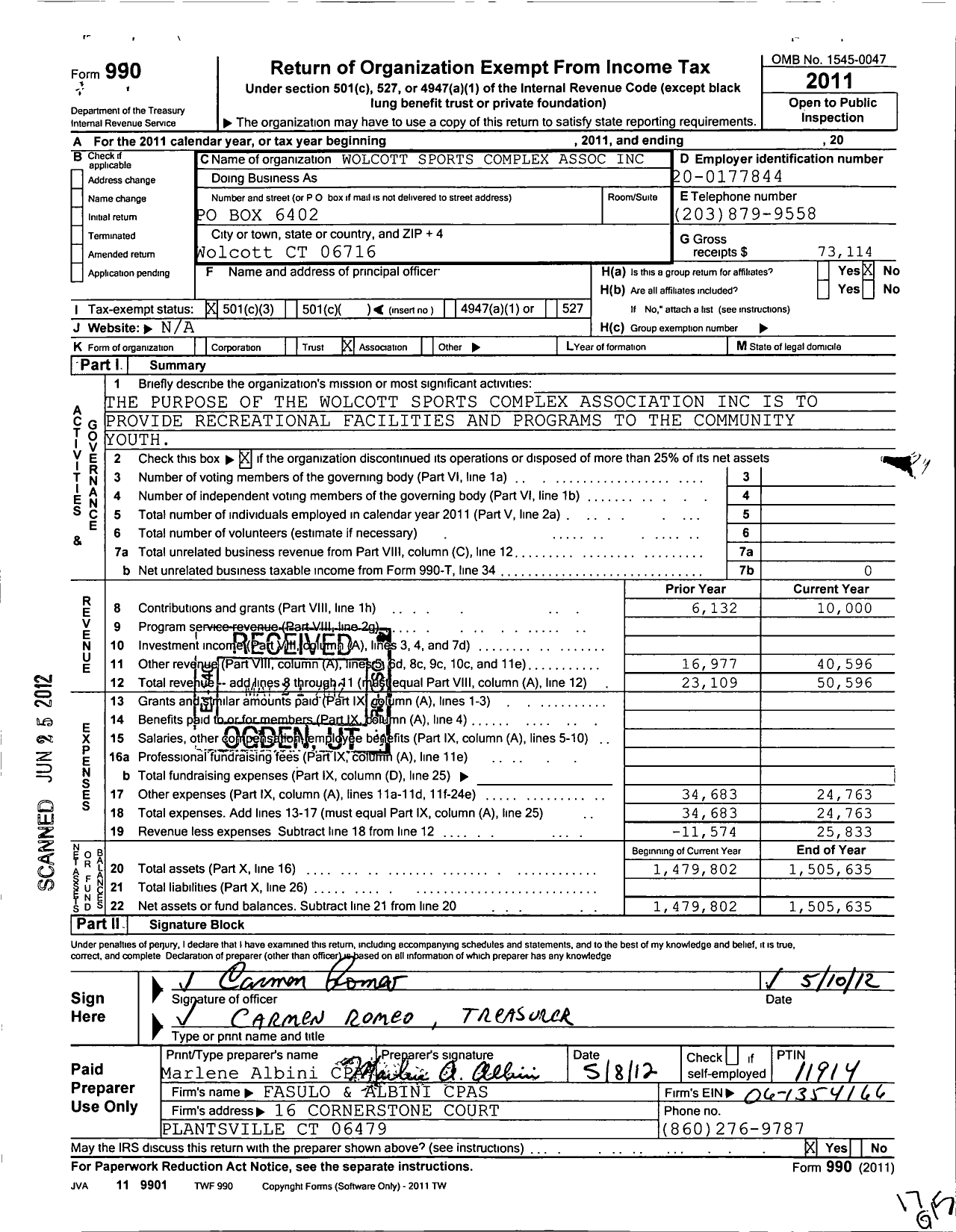 Image of first page of 2011 Form 990 for Wolcott Sports Complex Association C / 0 Carmen Romeo