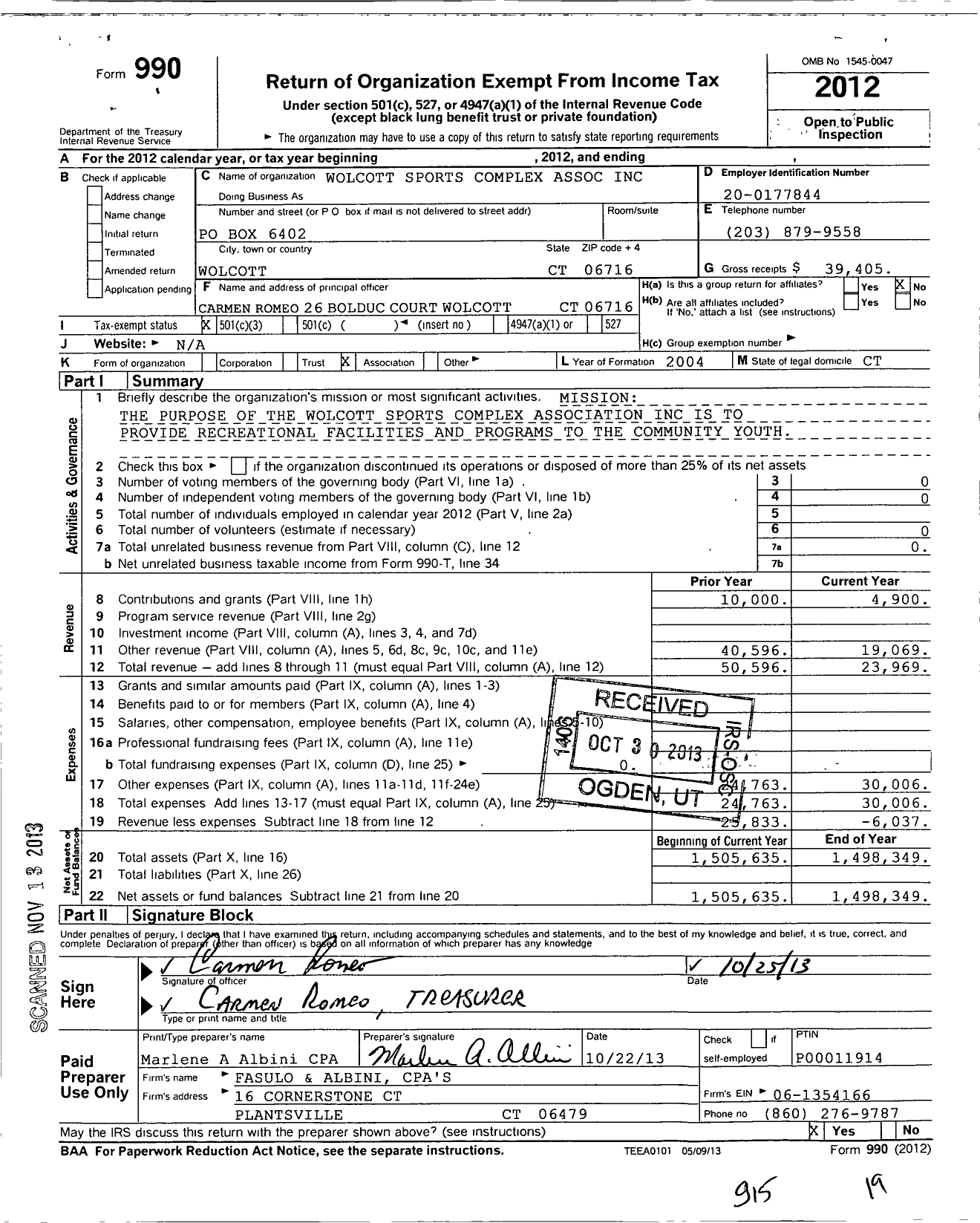 Image of first page of 2012 Form 990 for Wolcott Sports Complex Association C / 0 Carmen Romeo