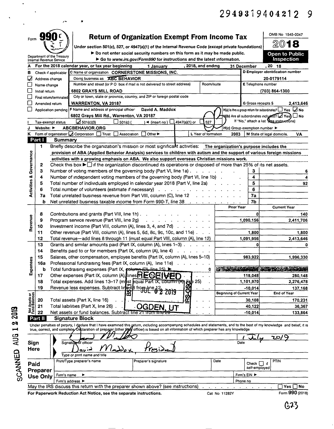 Image of first page of 2018 Form 990 for Cornerstone Missions Inc ABC Behavior