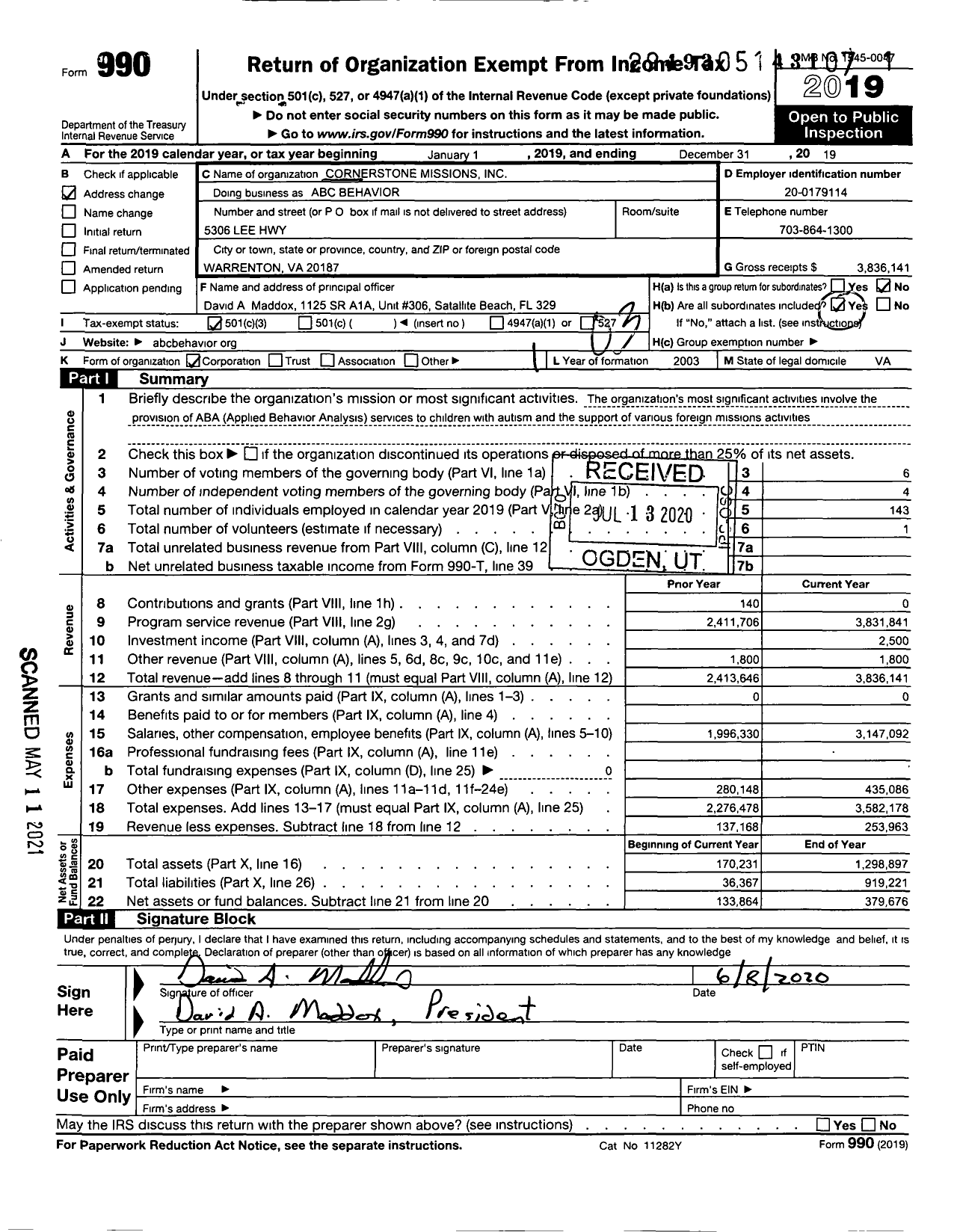 Image of first page of 2019 Form 990 for Cornerstone Missions Inc ABC Behavior