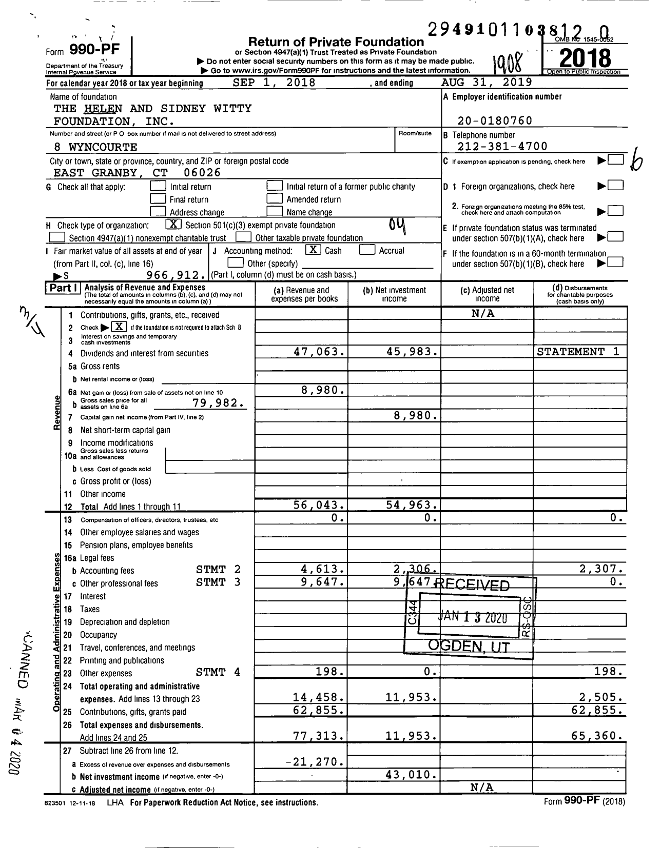 Image of first page of 2018 Form 990PR for The Helen and Sidney Witty Foundation