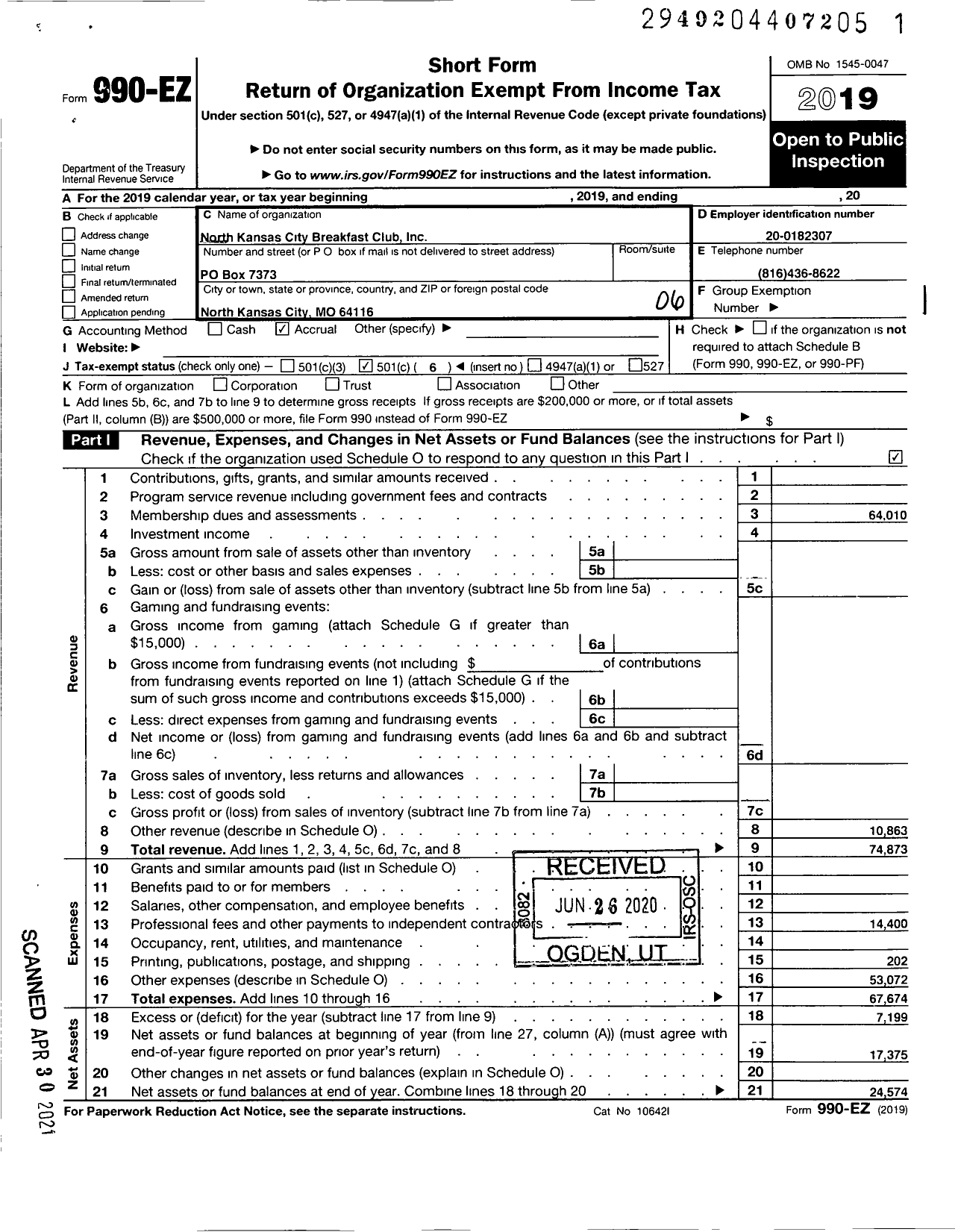 Image of first page of 2019 Form 990EO for North Kansas City Breakfast Club