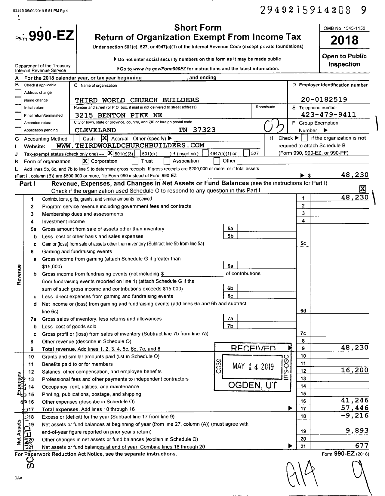 Image of first page of 2018 Form 990EZ for Third World Church Builders