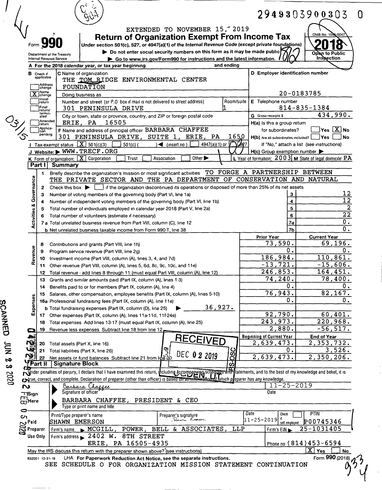 Image of first page of 2018 Form 990 for the Tom Ridge Environmental Center Foundation