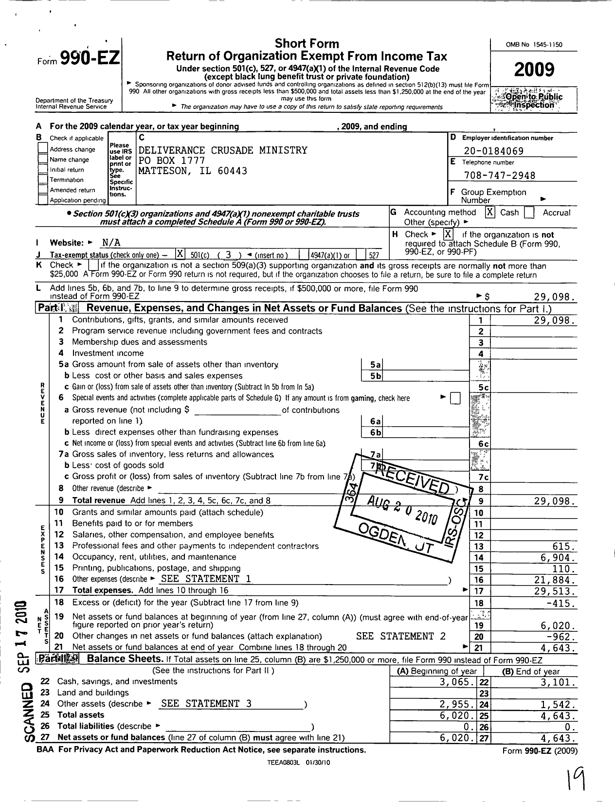 Image of first page of 2009 Form 990EZ for Deliverance Crusade Ministry