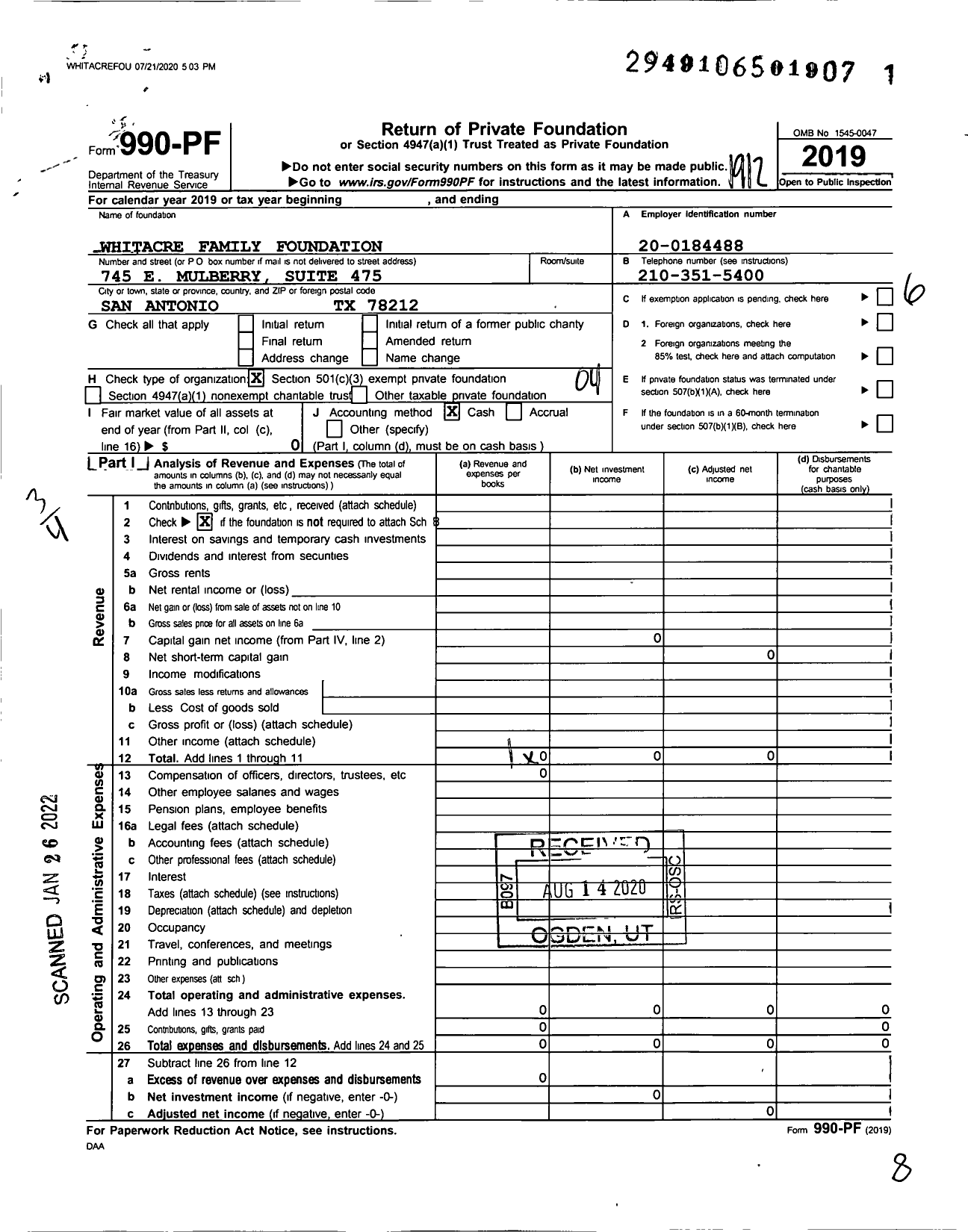 Image of first page of 2019 Form 990PF for Whitacre Family Foundation