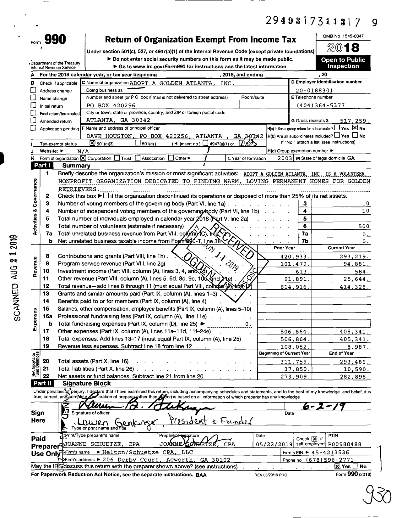 Image of first page of 2018 Form 990 for Adopt A Golden Atlanta