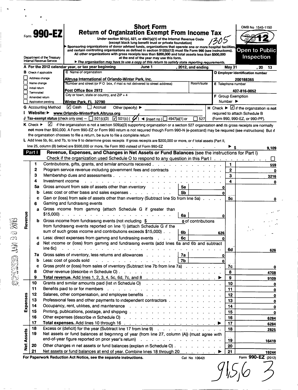 Image of first page of 2012 Form 990EO for Altrusa International / Orlando-Winter Park