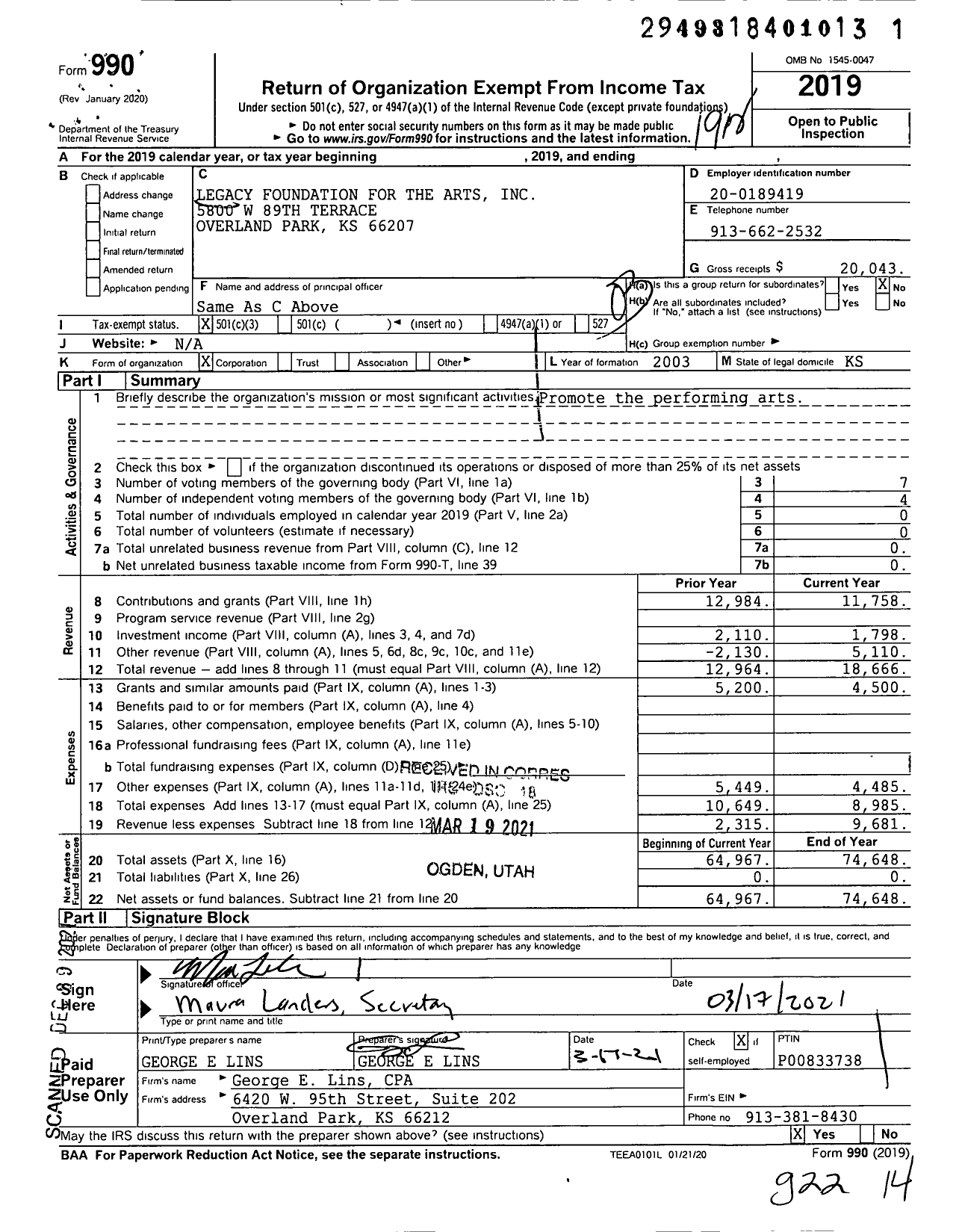 Image of first page of 2019 Form 990 for Legacy Foundation for the Arts