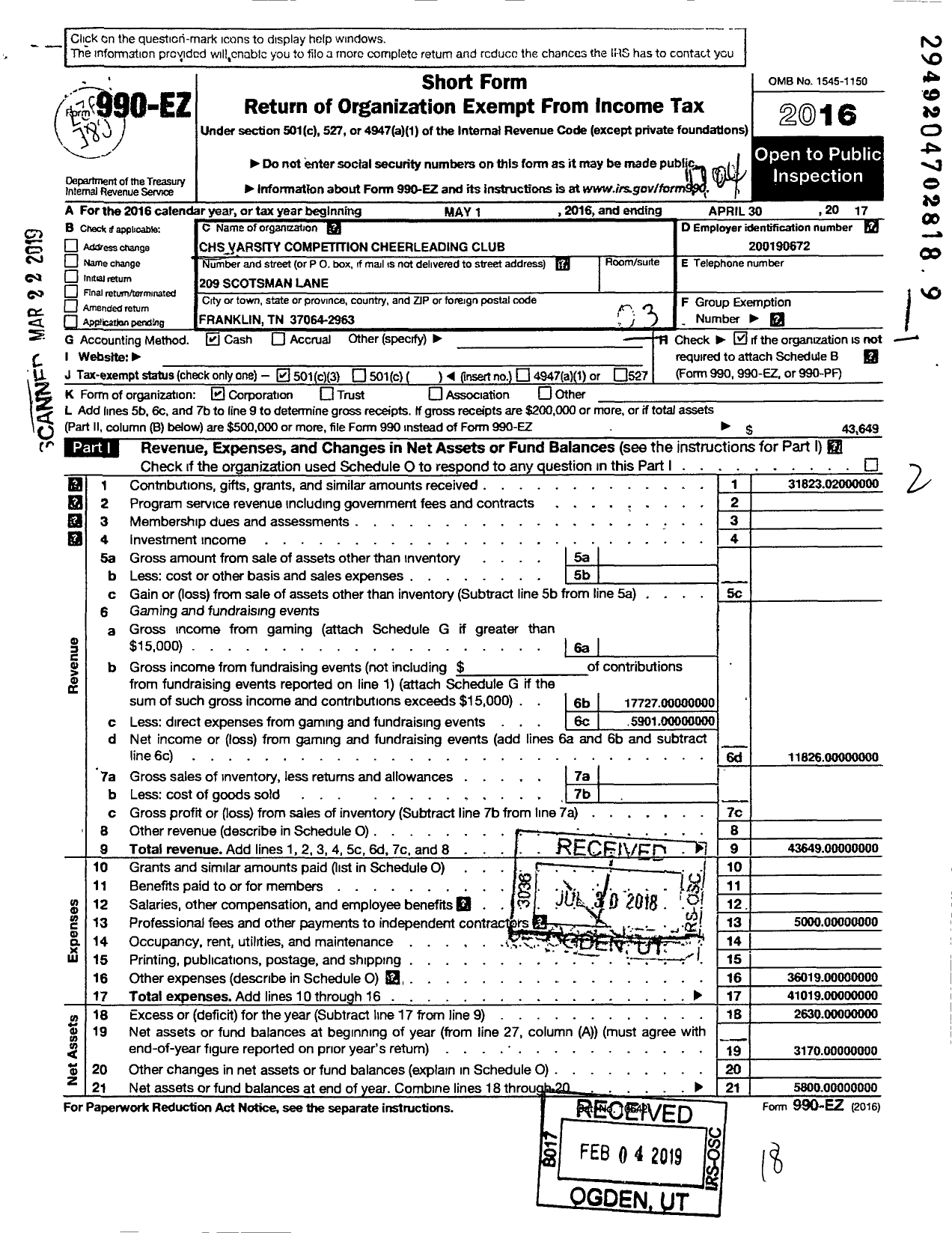 Image of first page of 2016 Form 990EZ for CHS Competition Cheerleading Club