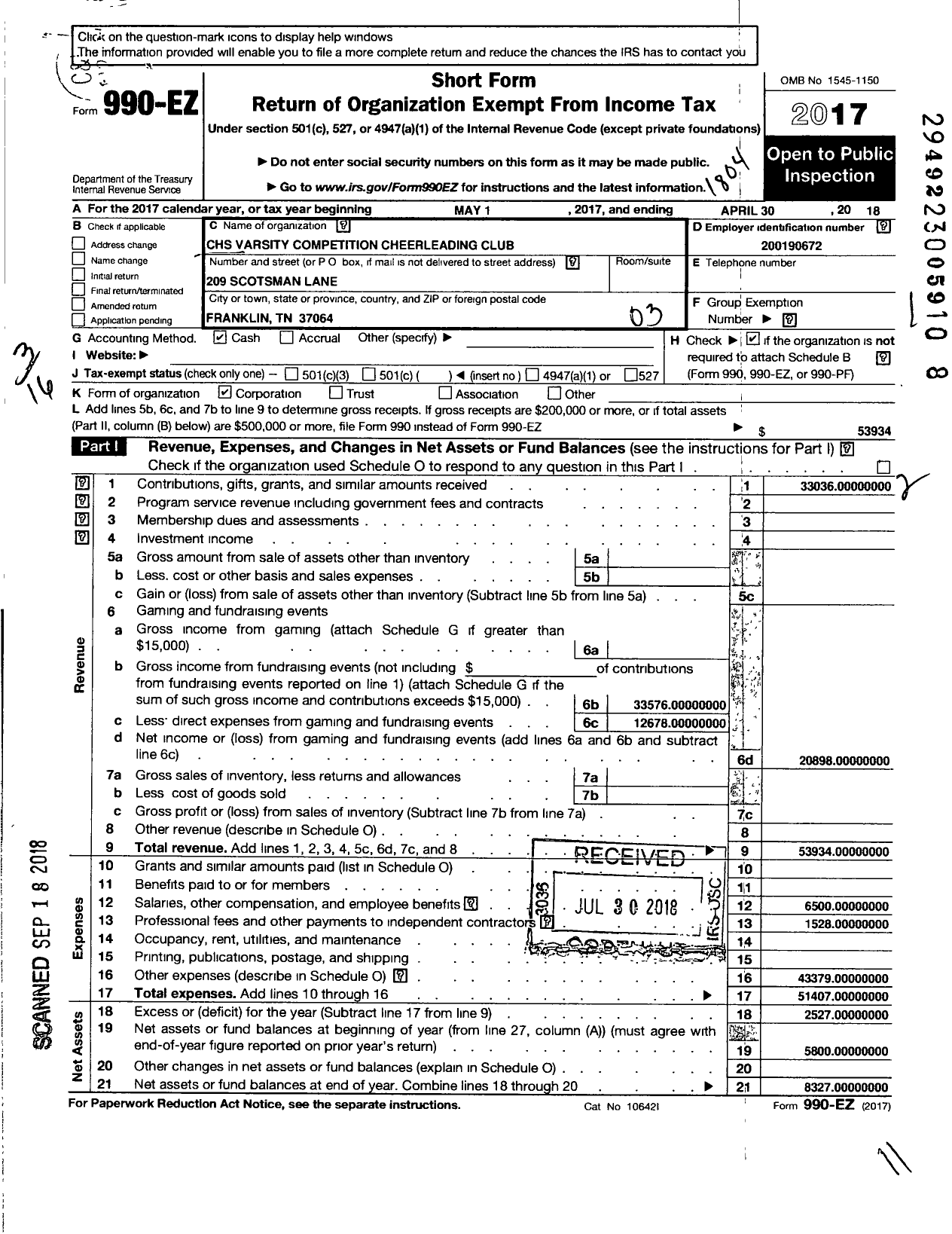 Image of first page of 2017 Form 990EZ for CHS Competition Cheerleading Club