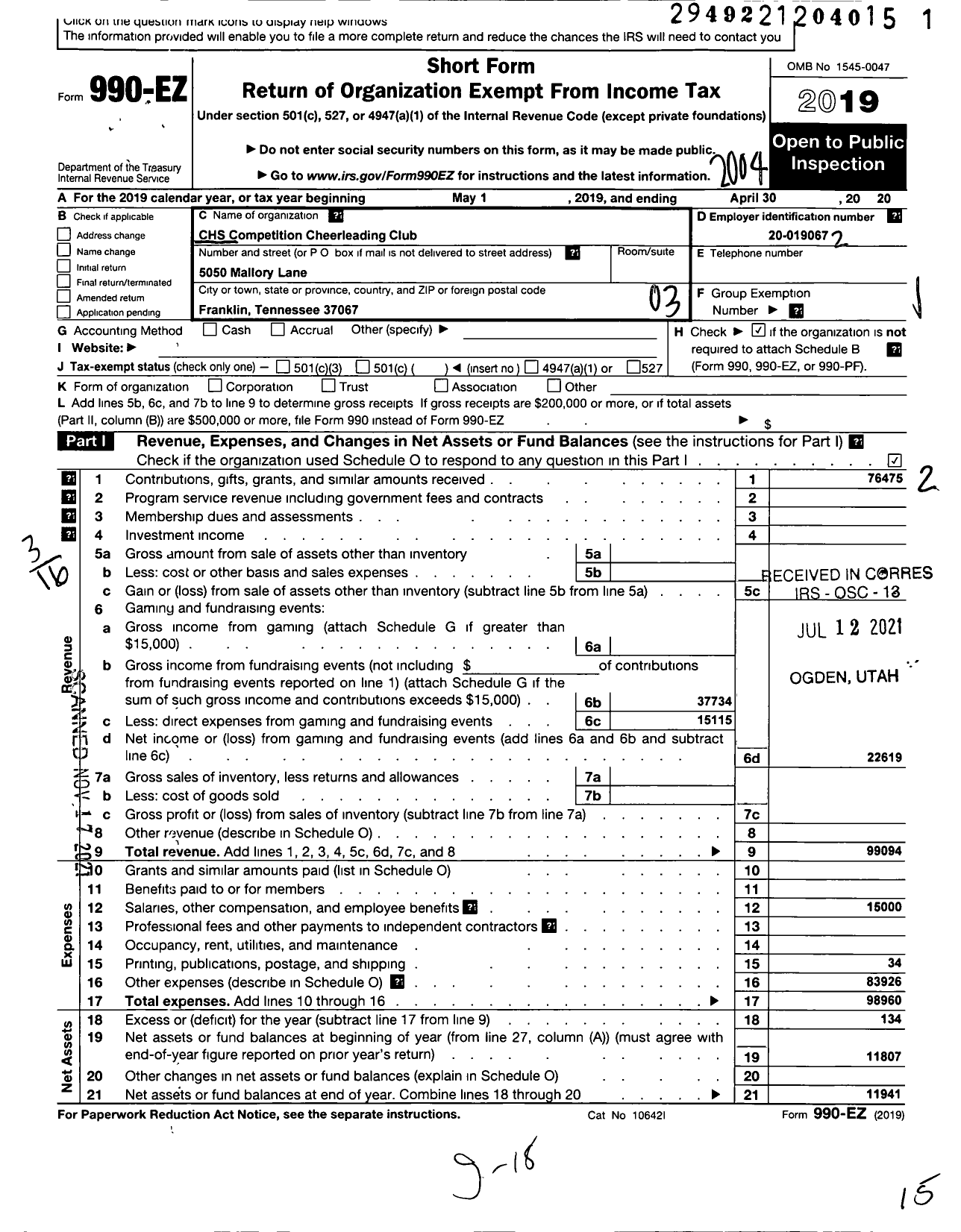 Image of first page of 2019 Form 990EZ for CHS Competition Cheerleading Club