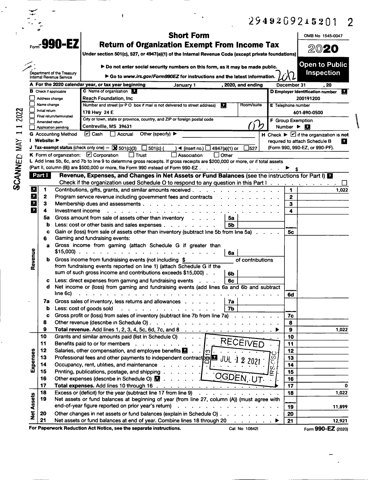 Image of first page of 2020 Form 990EZ for Reach Foundation