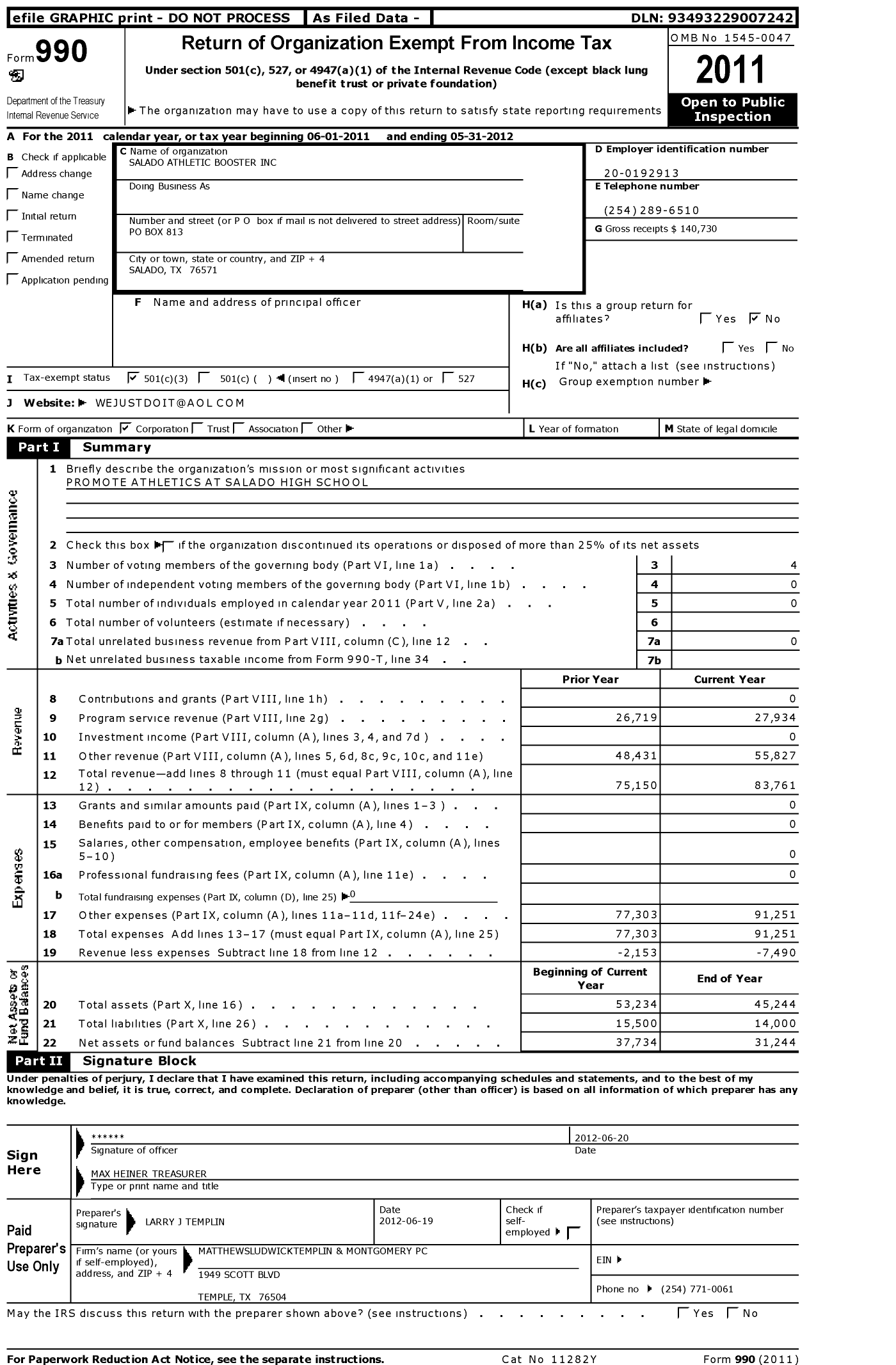 Image of first page of 2011 Form 990 for Salado Athletic Booster Club