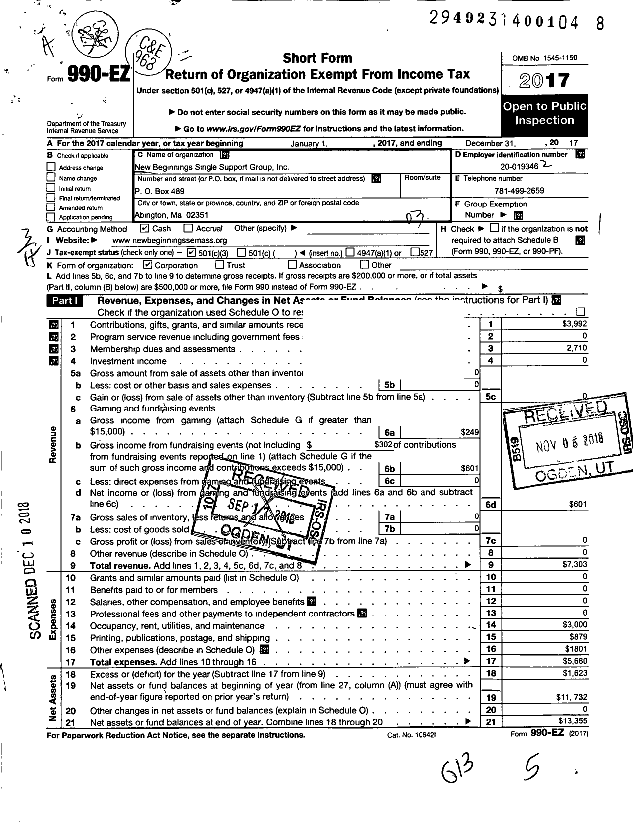 Image of first page of 2017 Form 990EZ for New Beginnings Singles Support Group