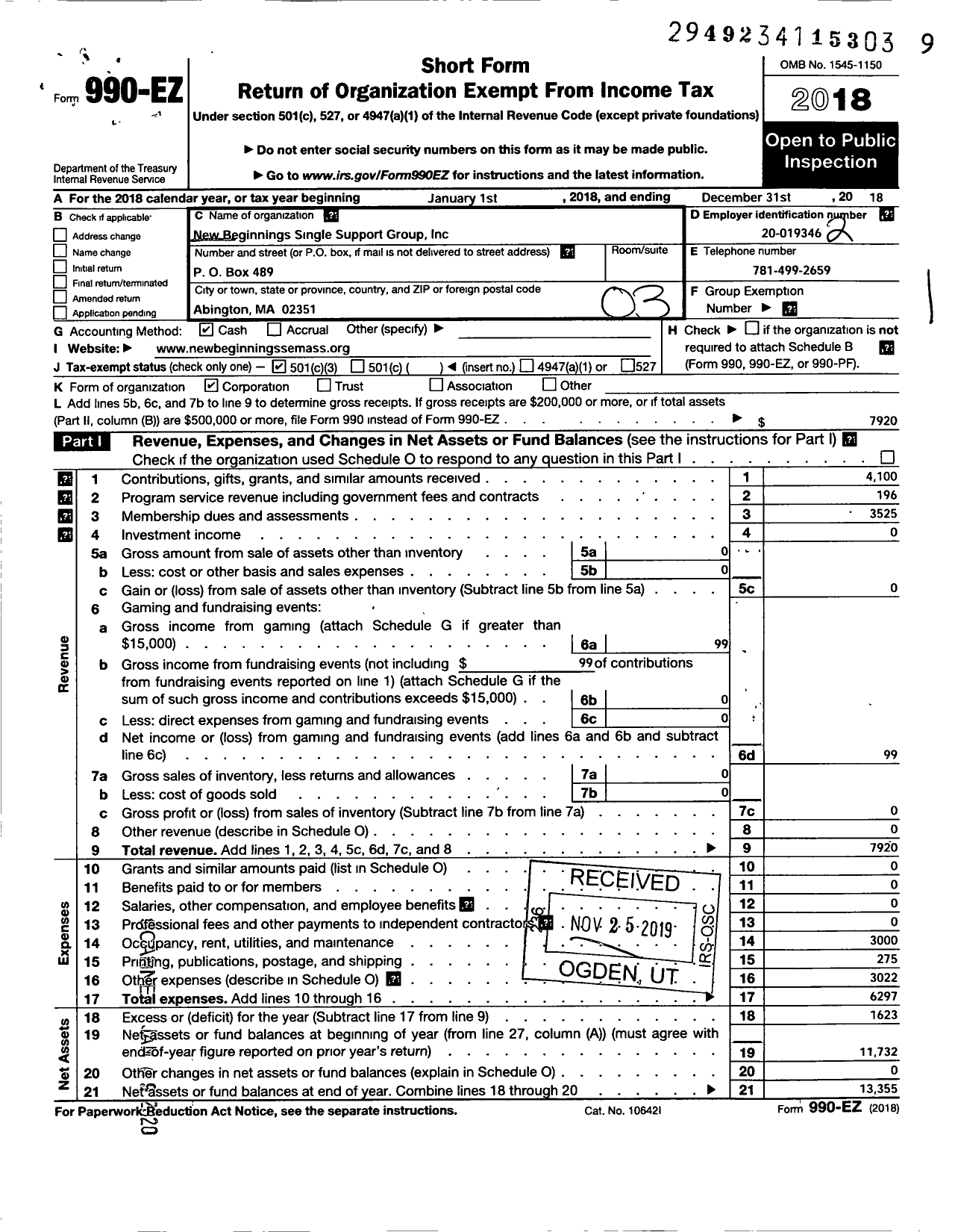 Image of first page of 2018 Form 990EZ for New Beginnings Singles Support Group