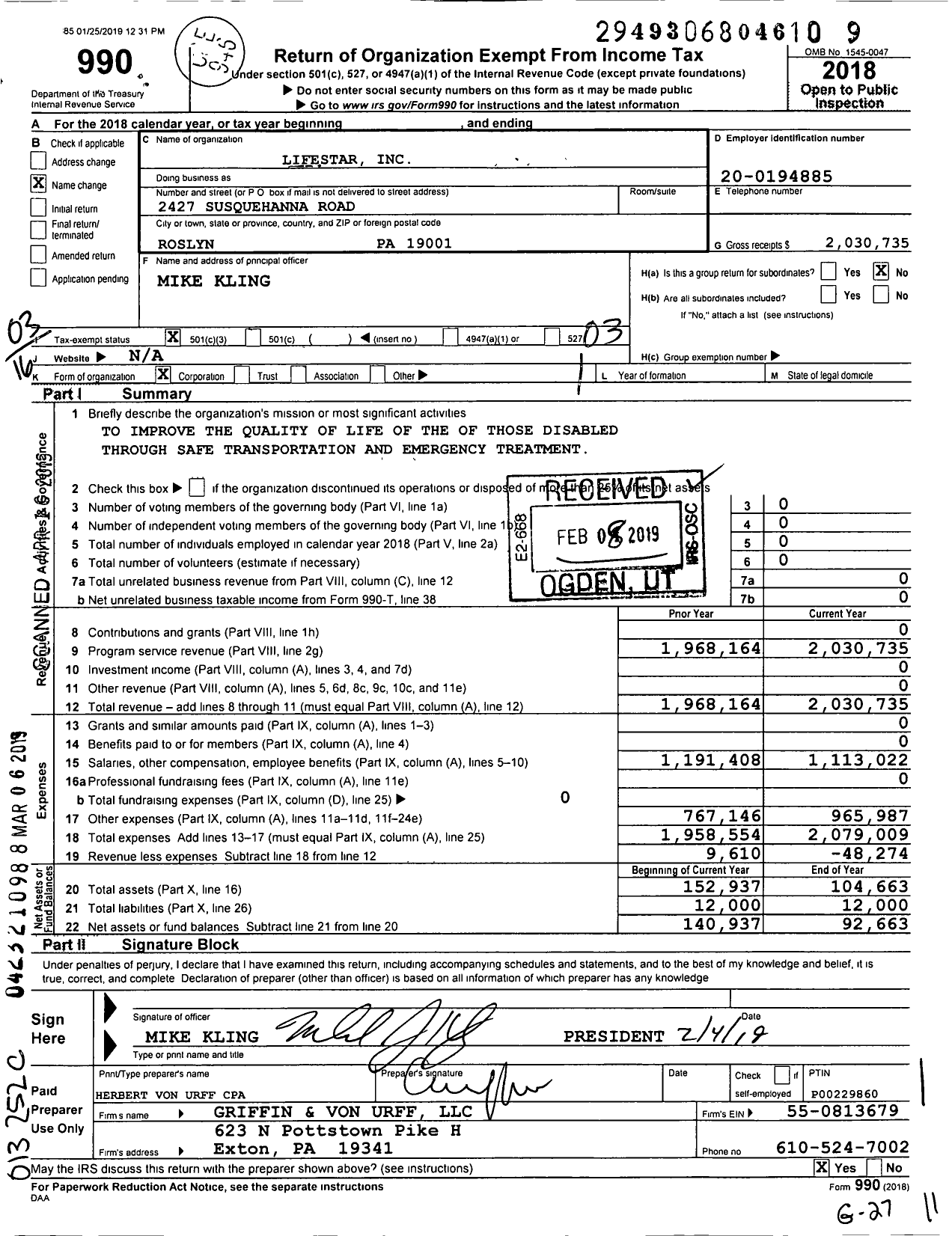 Image of first page of 2018 Form 990 for Lifestar