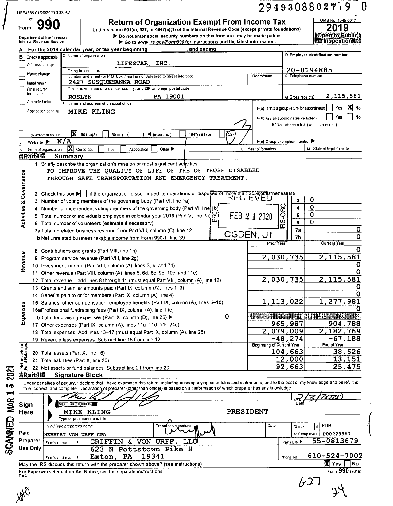 Image of first page of 2019 Form 990 for Lifestar