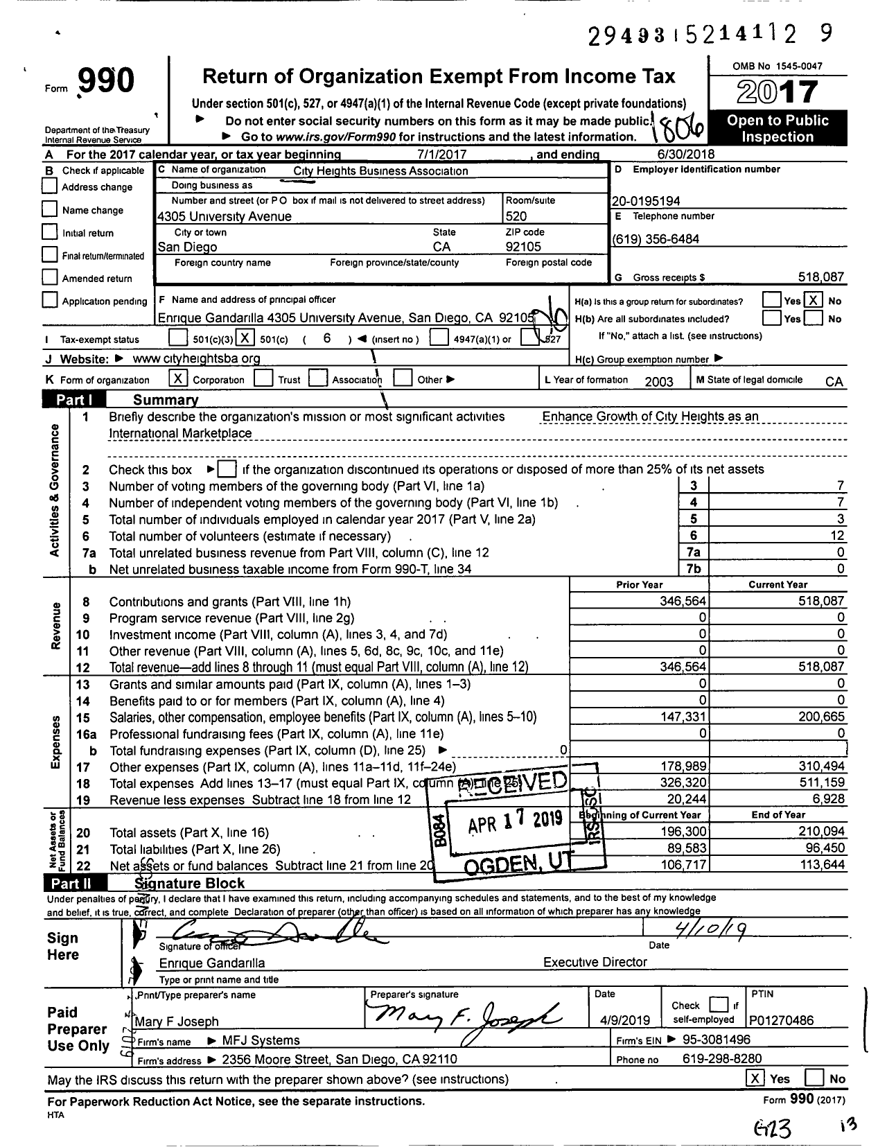 Image of first page of 2017 Form 990O for City Heights Business Association