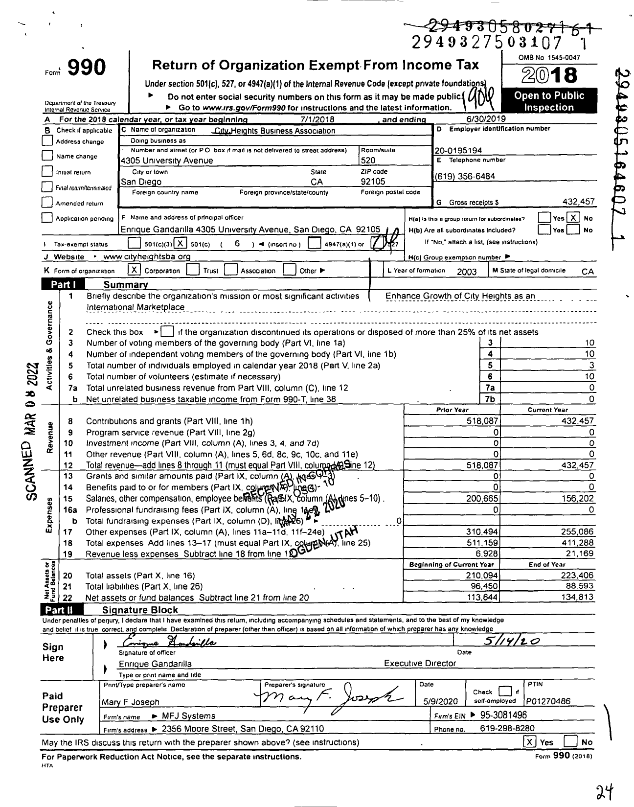 Image of first page of 2018 Form 990O for City Heights Business Association